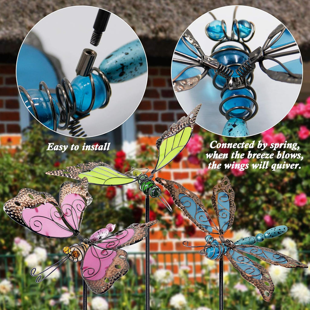 Juegoal 34 Inch Butterfly Garden Stakes Decor, Dragonfly Hummingbird Stakes, Glow in Dark Metal Yard Art for Mom