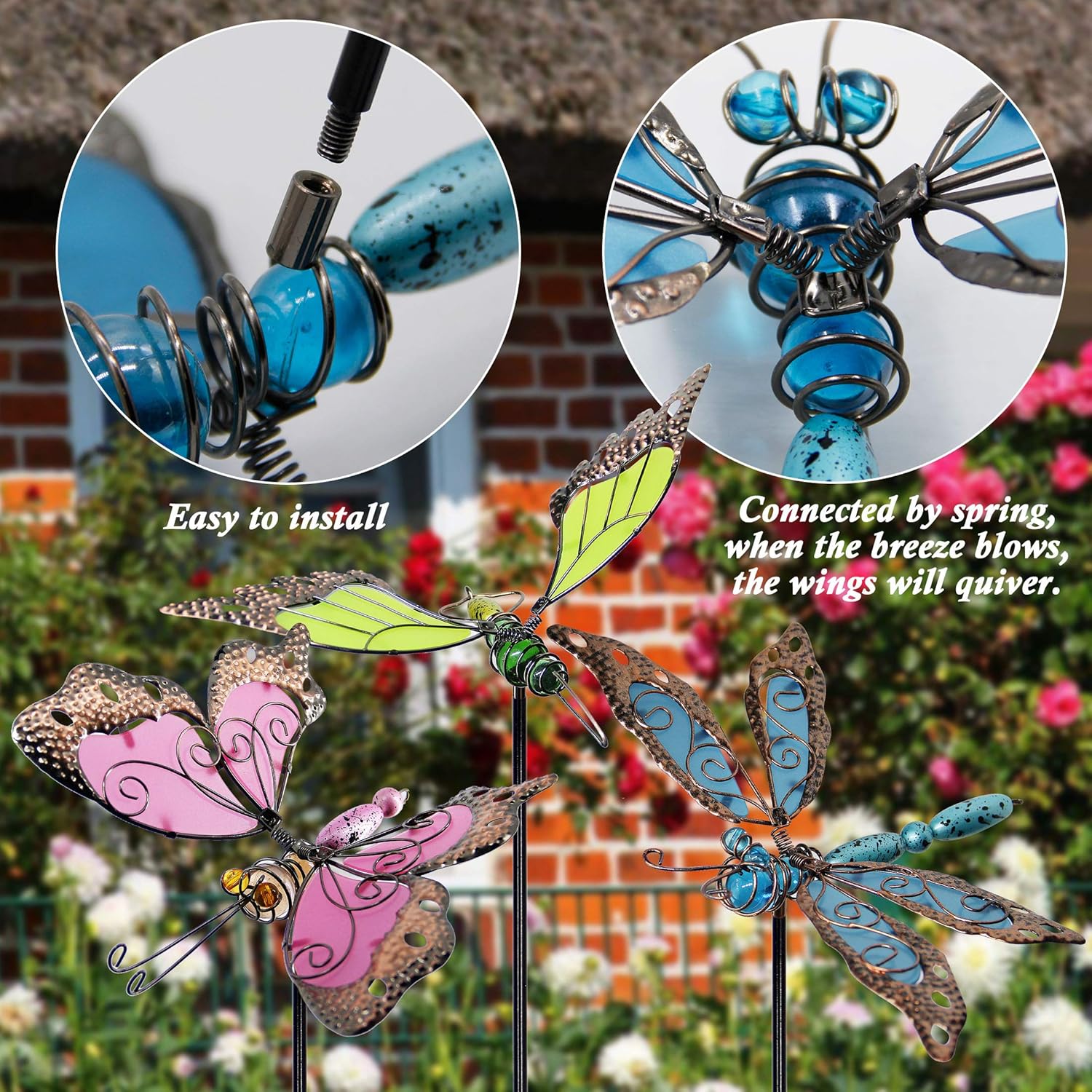 Juegoal 34 Inch Butterfly Garden Stakes Decor, Dragonfly Hummingbird Stakes, Glow in Dark Metal Yard Art for Mom