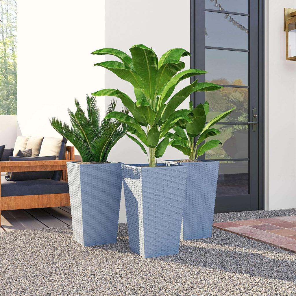 Outsunny 24 in Taper Tall Planters for Outdoor Plants Set of 3, Light Gray | with Drainage Holes, Rattan Decor Plant