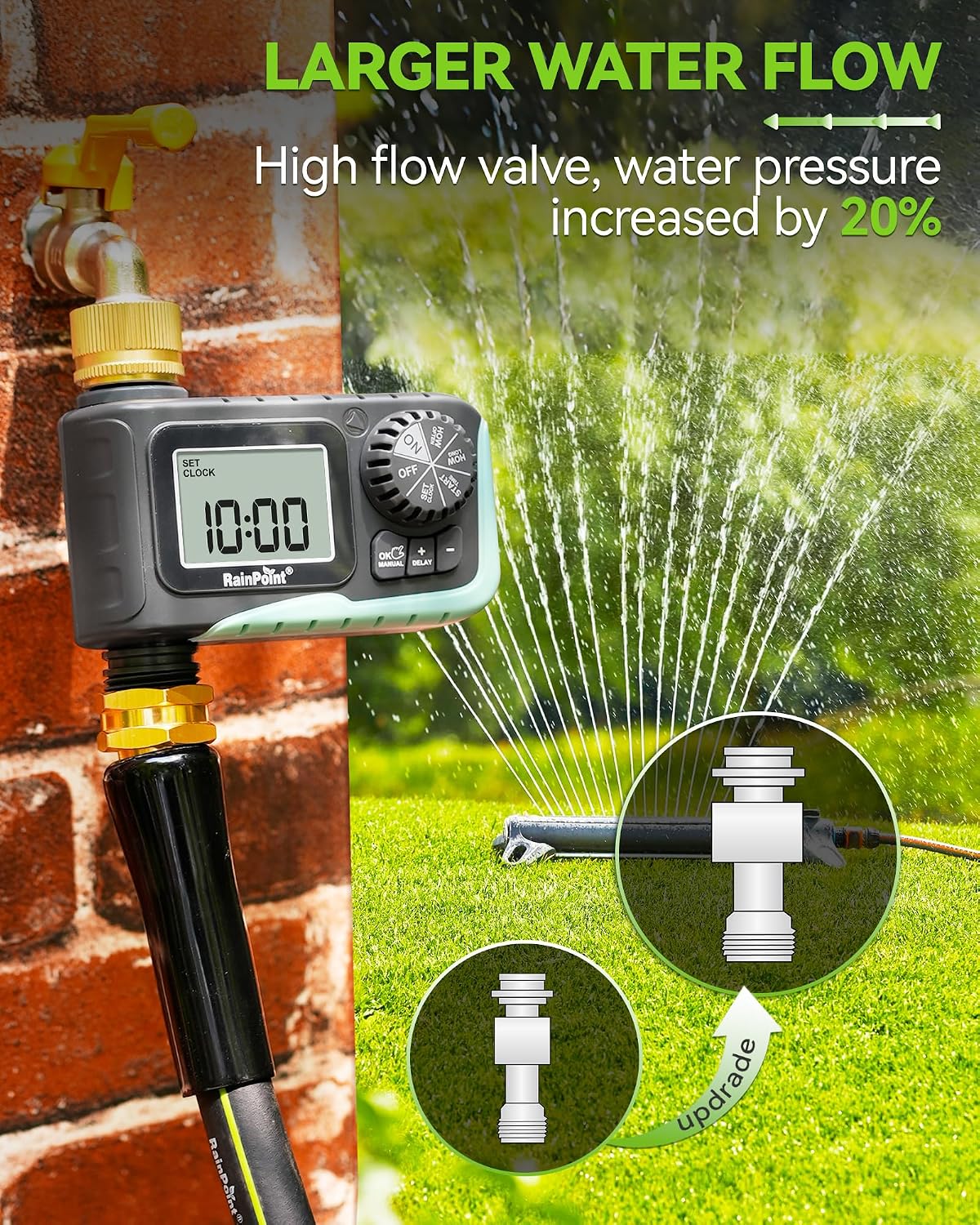 RAINPOINT Sprinkler Timer with Brass Swivel | Programmable Water Timer for Garden Hose with Rain Delay/Manual Watering