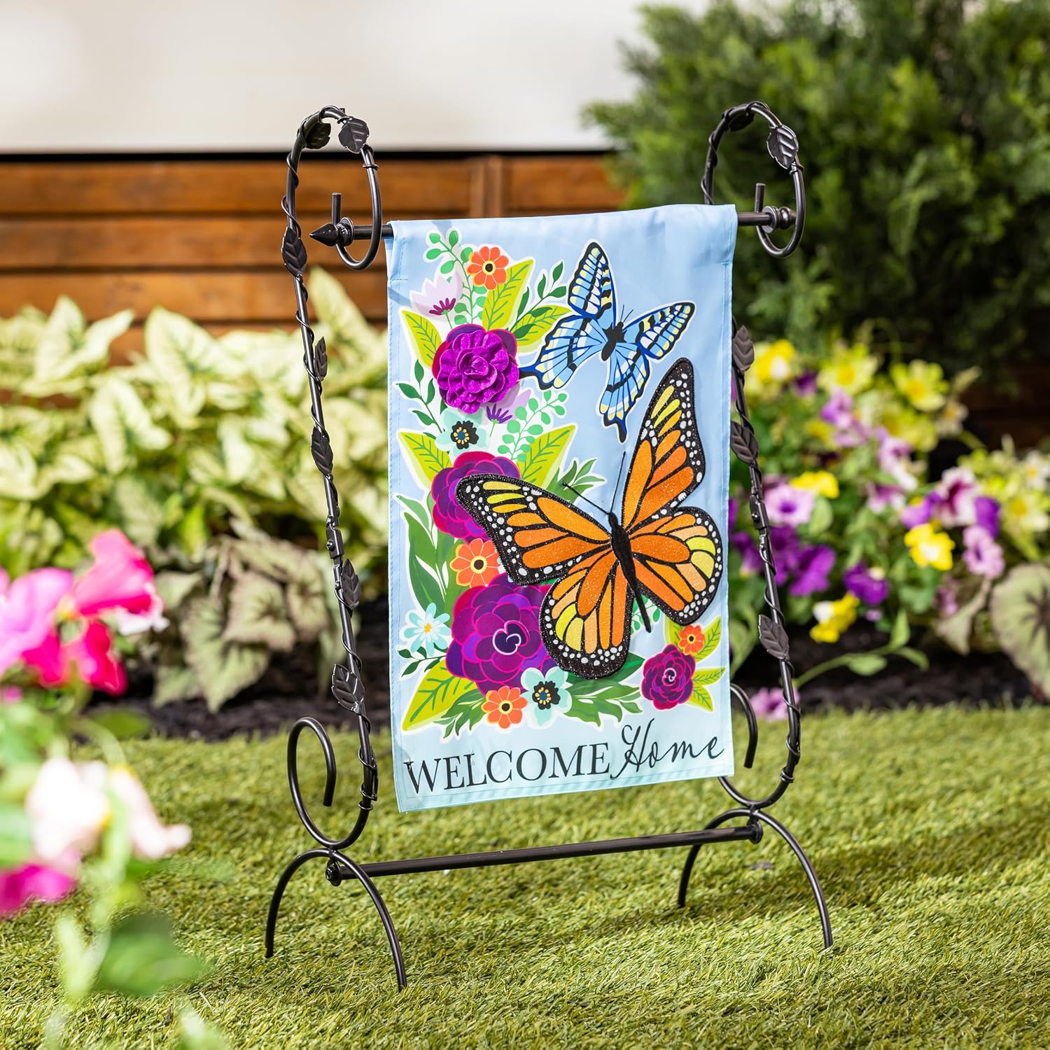 Evergreen Scroll American Garden Flag Stand Leaves Vine | Premium Metal Iron Flag Holder Stand | Fits 12x18 Garden