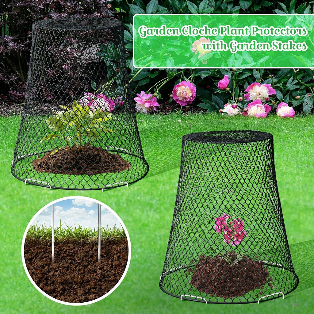 Therwen 15 Pcs Large Plant Wire Cloche 11 x 12 Inch Metal Garden Cloche with Garden Stakes Plant Protector from Animals