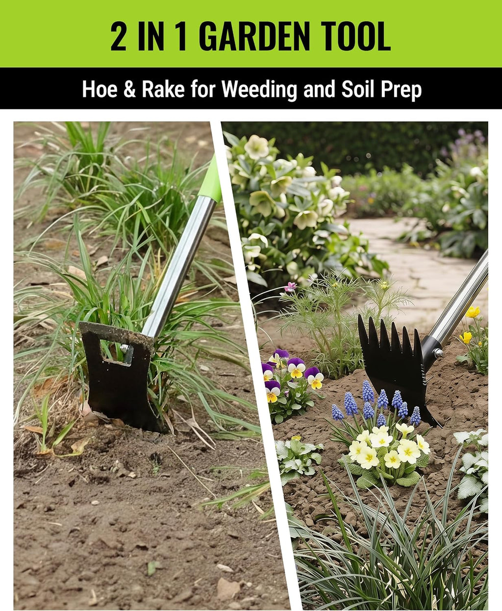 WORKPRO Weed Puller Tool with Long Handle, 2-in-1 Garden Hoe & Weed Rake | 29"-56" Adjustable Manual Weeding Tool