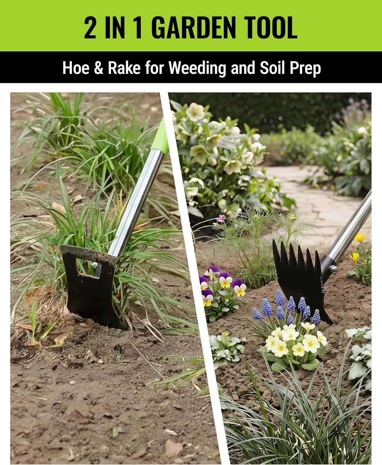 WORKPRO Weed Puller Tool with Long Handle, 2-in-1 Garden Hoe & Weed Rake | 29"-56" Adjustable Manual Weeding Tool