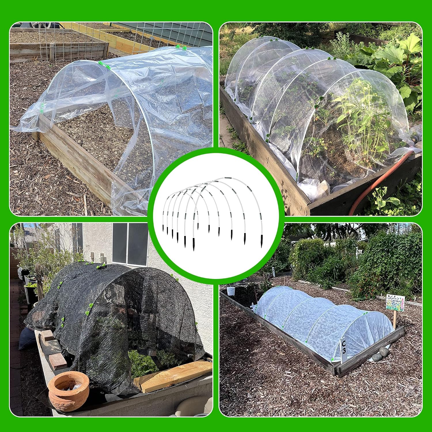 Garden Hoops for Raised Beds- Rust Free Fiberglass Frame Plant Hoops with Support Bases -Greenhouse Hoops Grow Tunnel