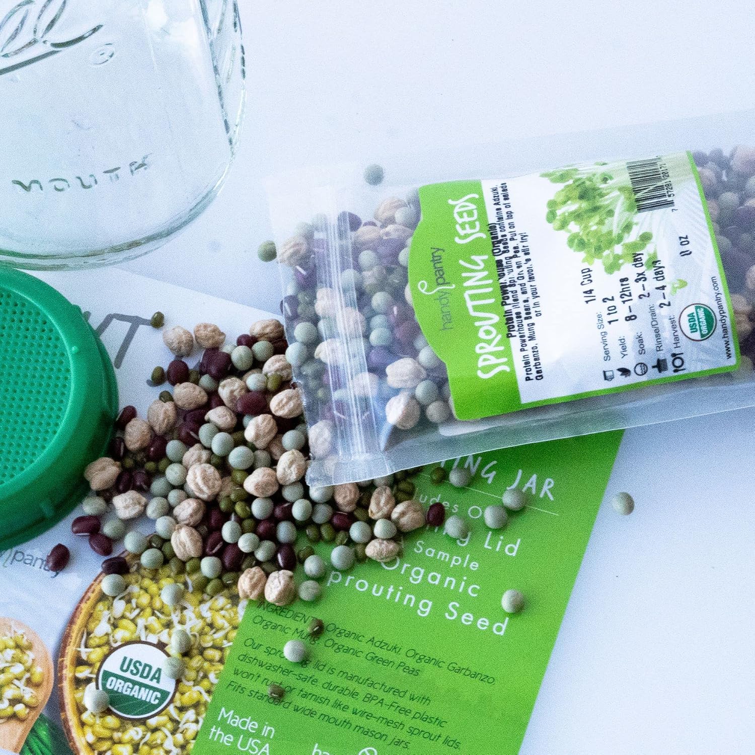 Handy Pantry Complete Sprouting Jar Lid Kit with Seeds Includes Wide Mouth | Half Gallon Mason Jar, BPA Free Sprouting