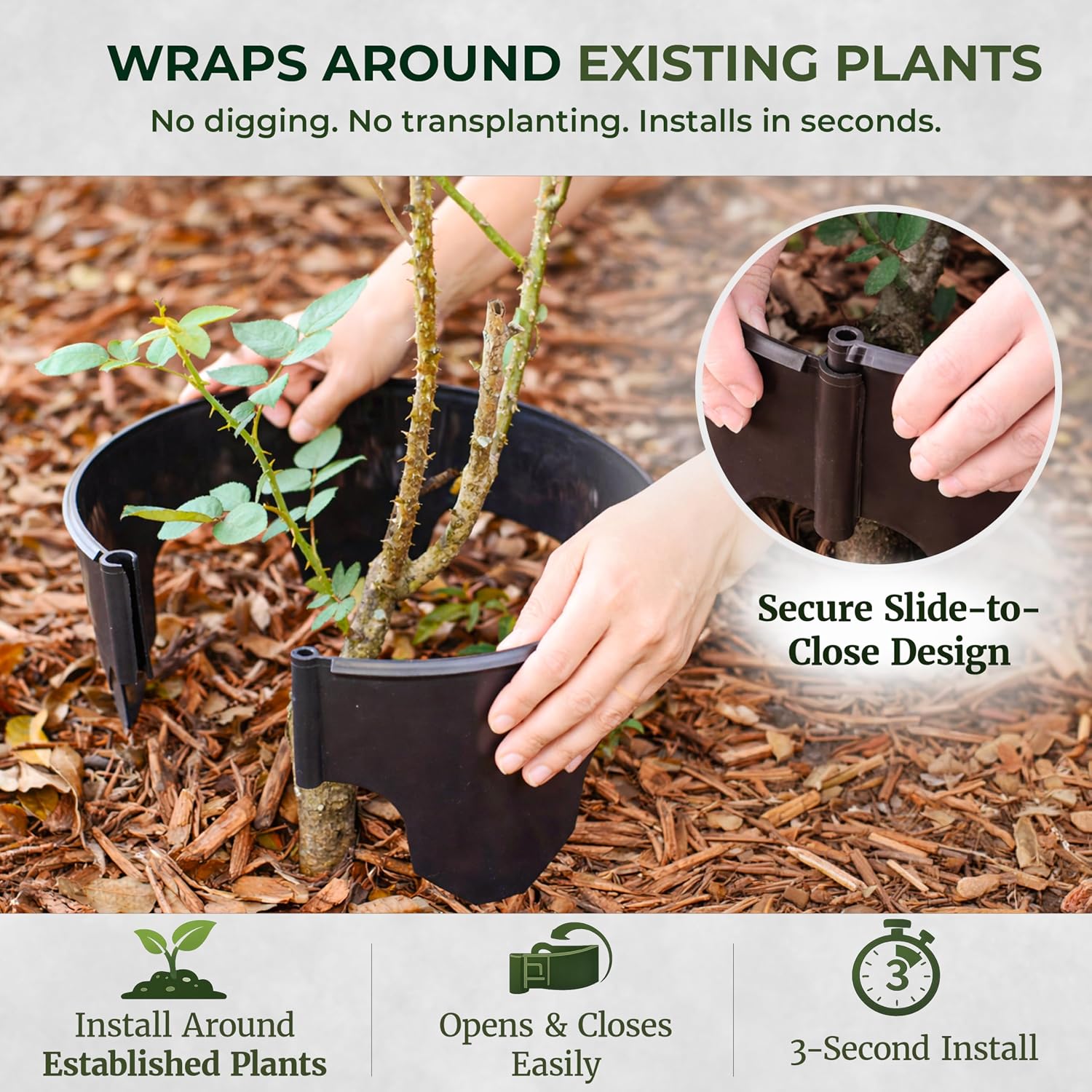 12 Inch Wrap-Around Adjustable Planting Grow Rings | 3 Pack | Brown | Install Around Existing Plants | Square Foot