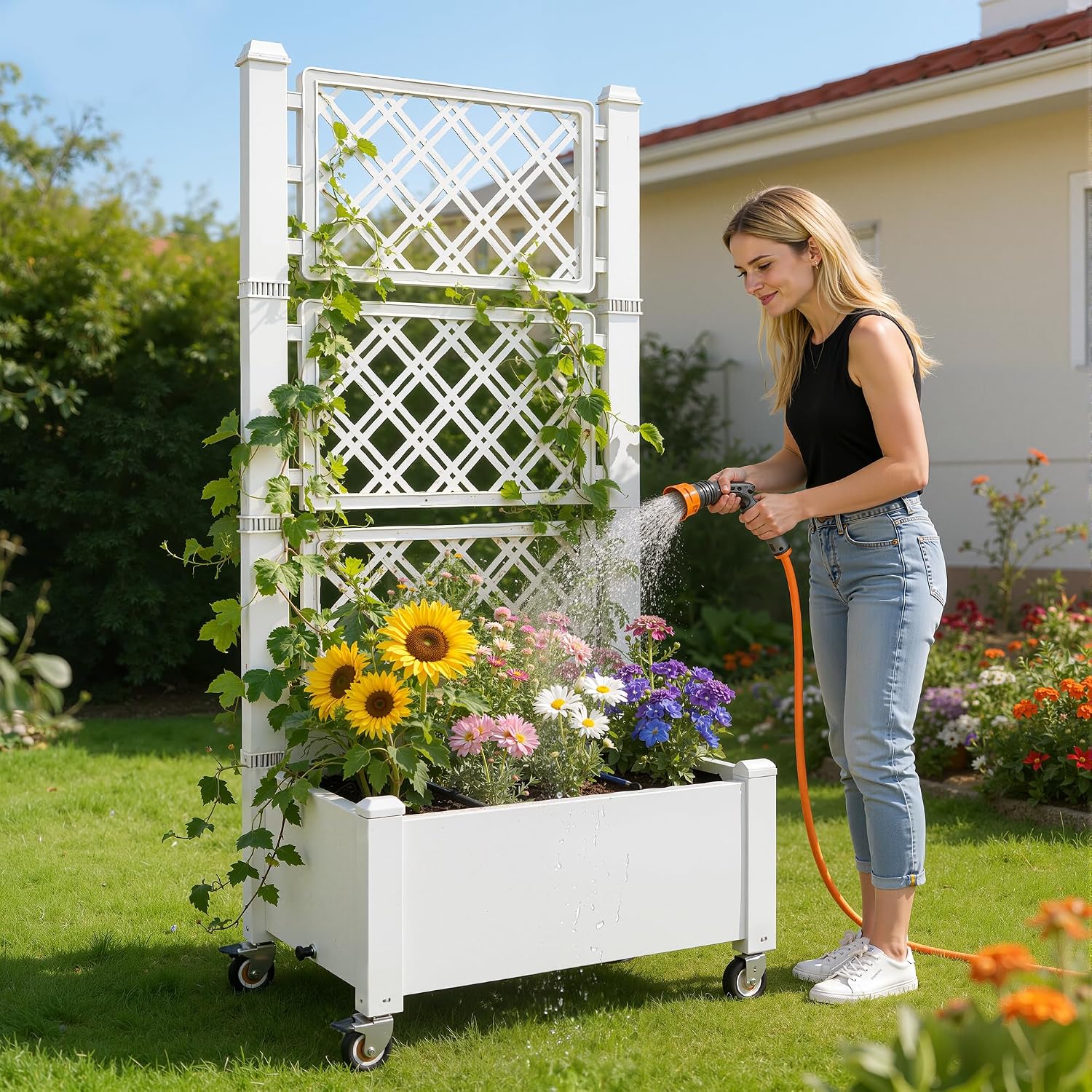 Miory 60" Raised Garden Bed with Trellis & Wheels, Vertical Gardening Planter Box with Water Level Indicator and