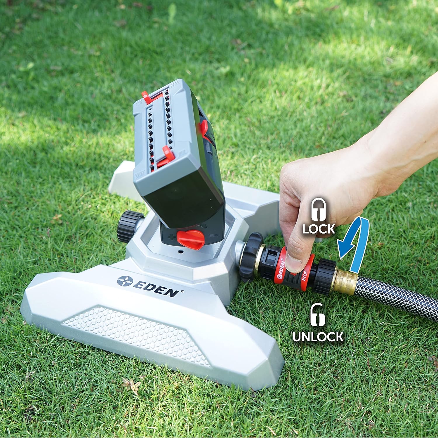 Eden 94127 Metal Adjustable 4-Way Mini Turbo Oscillating Sprinkler W/Quick Connect Starter Set, 20 Nozzle, Covers up to