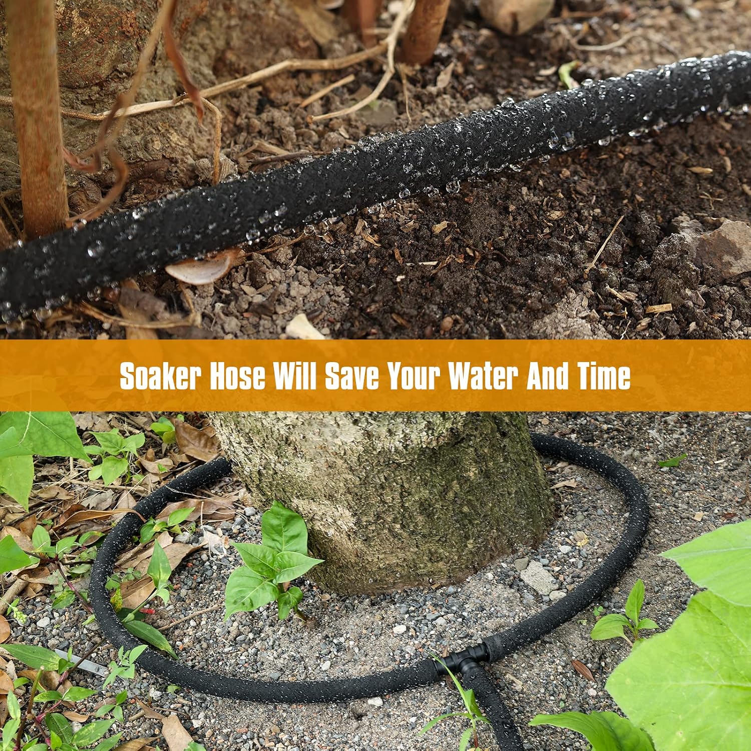 Soaker Hose 150ft for Garden Beds Solid Brass Interface Irrigation Save 70% Water Heavy Duty Rubber 1/2" Diameter Great