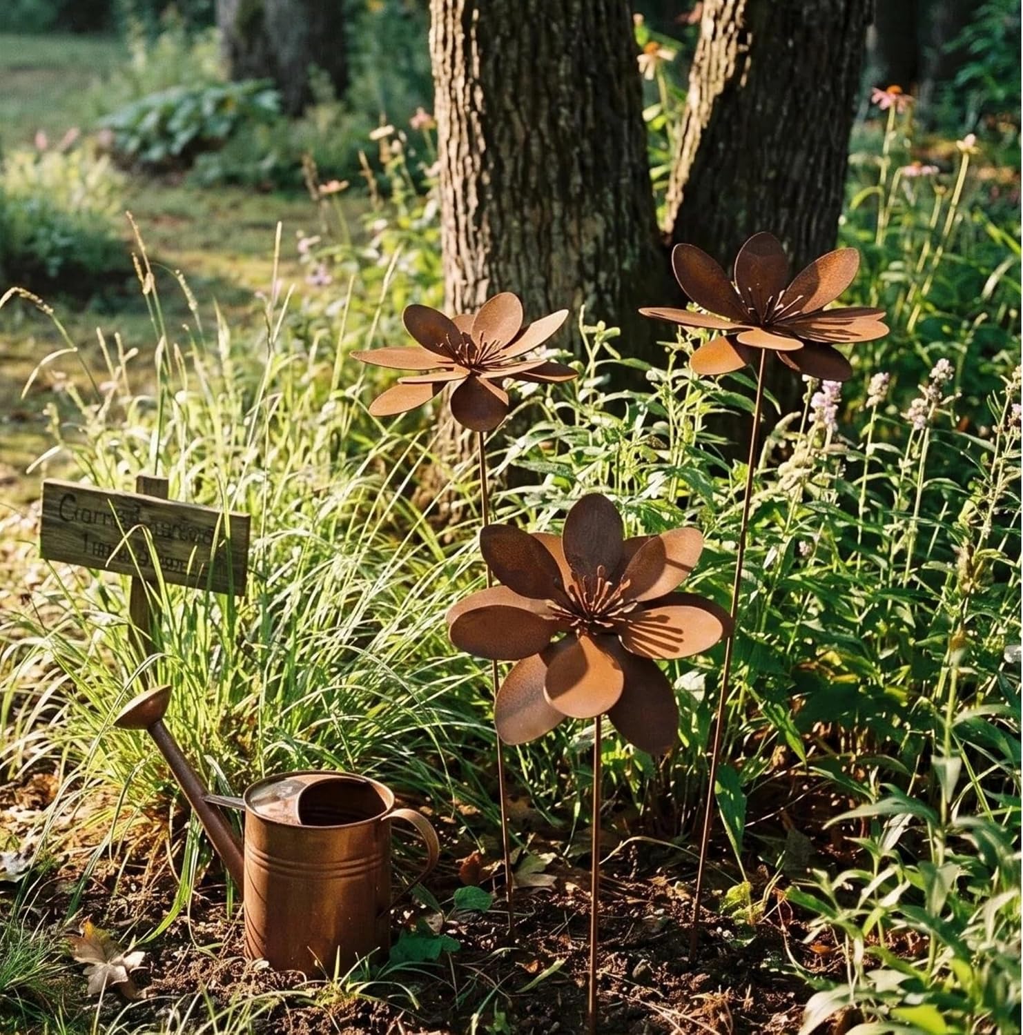 Rustic Metal Coneflower Garden Stakes, Set of 3, Rusted Iron Daisy Yard Art, 14x4 Inch, Weather-Resistant Lawn Pathway