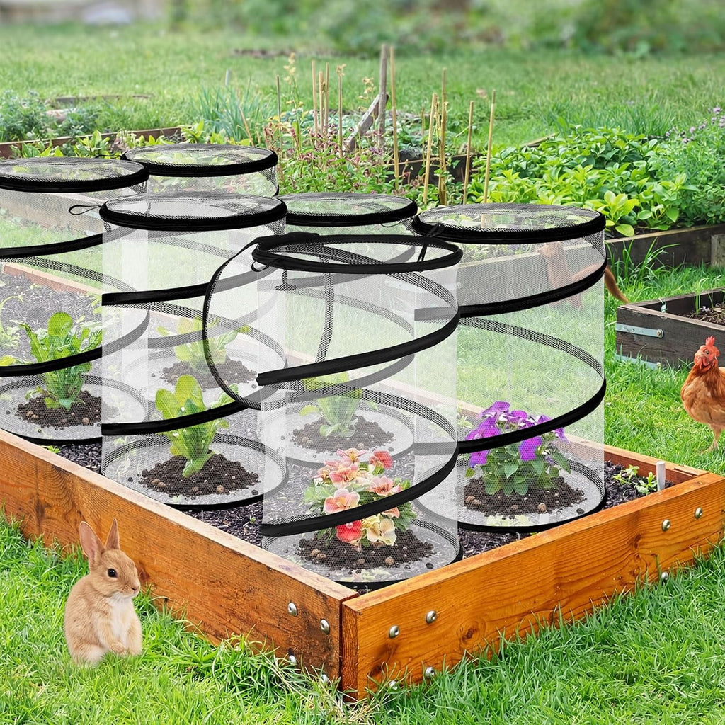 8 Pop up Mesh Plant Protectors from Animals Round Plant Netting Pest Cover Each Set with Stakes and Storage Bag for