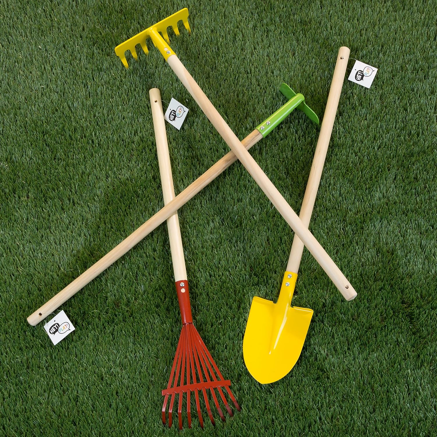 HEY! PLAY! Kids Gardening Tools Set, 4-Piece-Set | Mini Garden Tools with Wood Handles, Child-Sized Shovel, Rake, Hoe