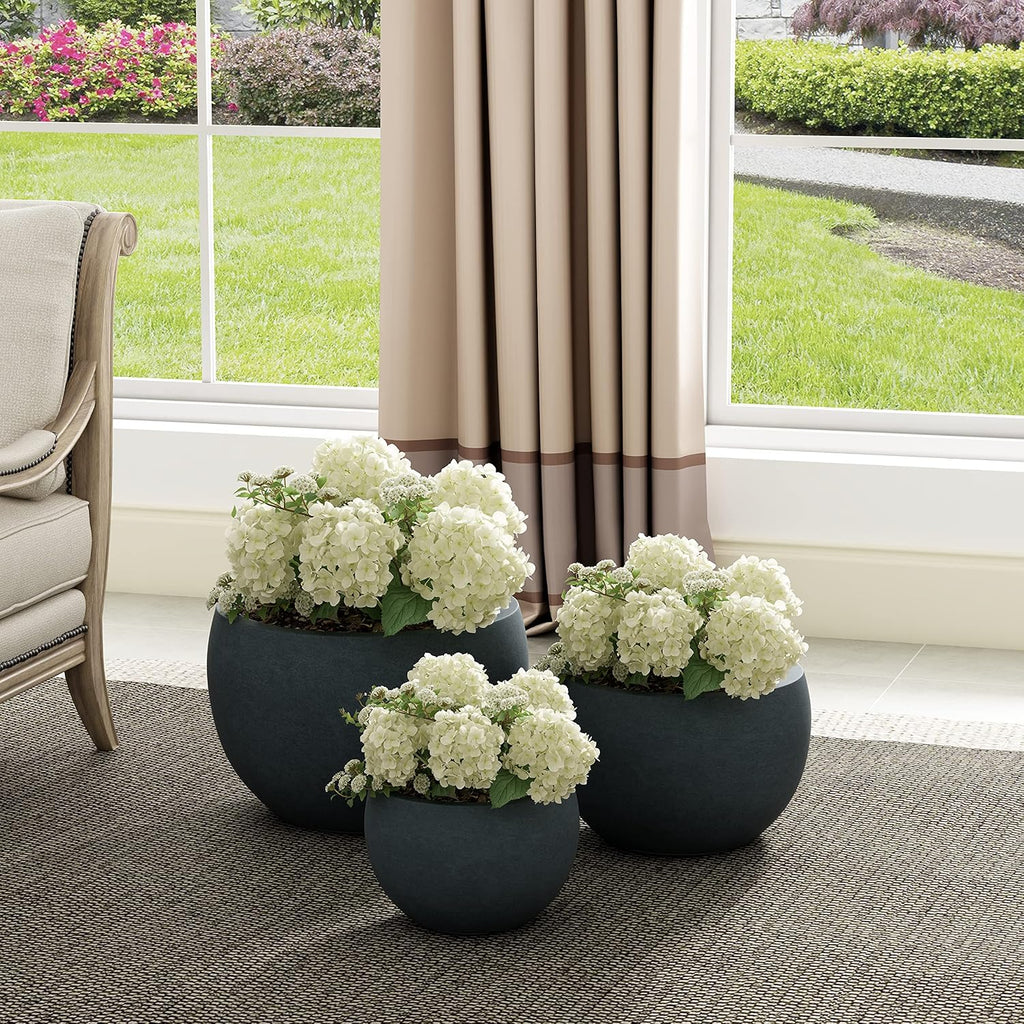 Kante Set of 3 Charcoal Concrete Bowl Planters 20" 15.7" 11.8" Dia | Drainage for Outdoor, Rubber Plug for Indoor Home
