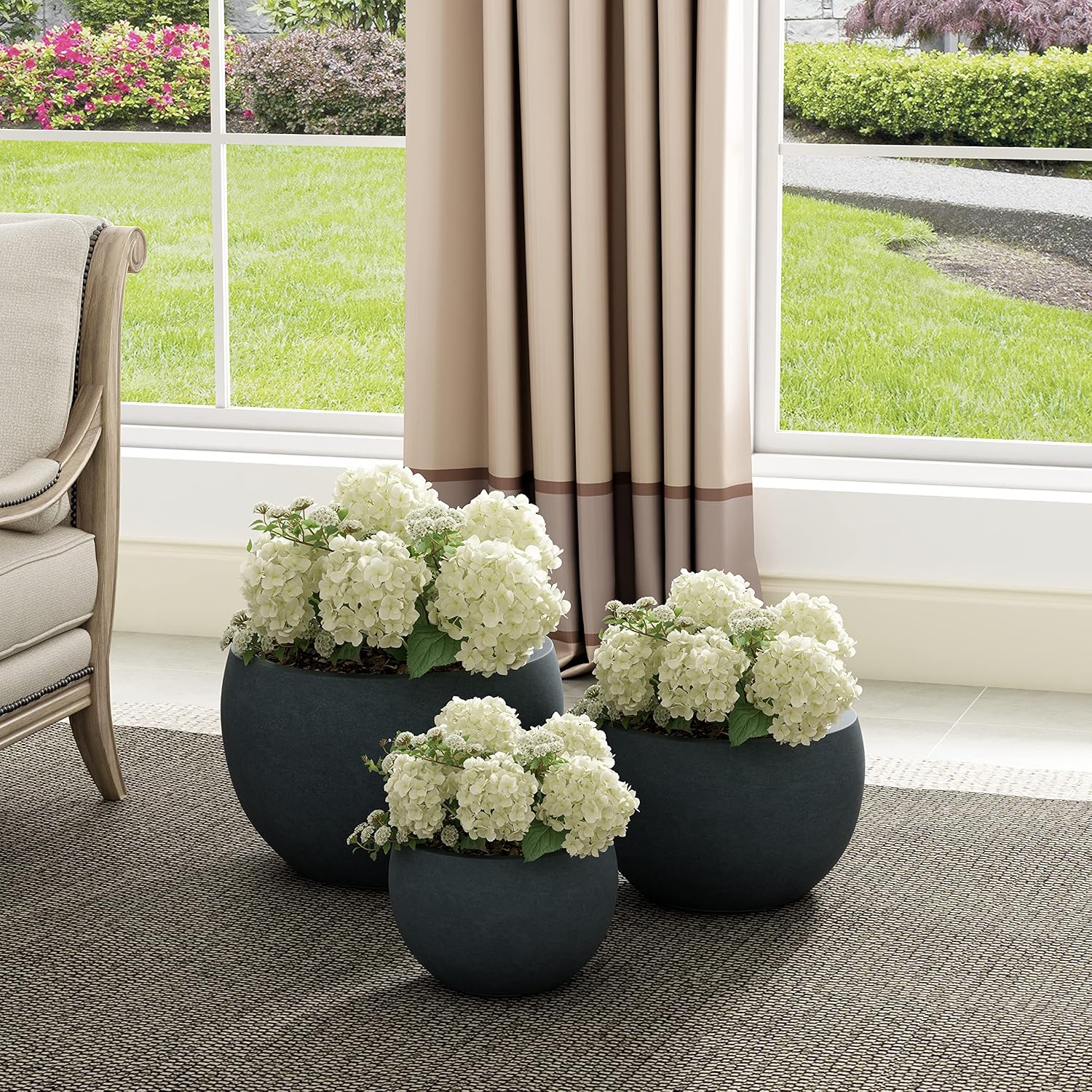 Kante Set of 3 Charcoal Concrete Bowl Planters 20" 15.7" 11.8" Dia | Drainage for Outdoor, Rubber Plug for Indoor Home