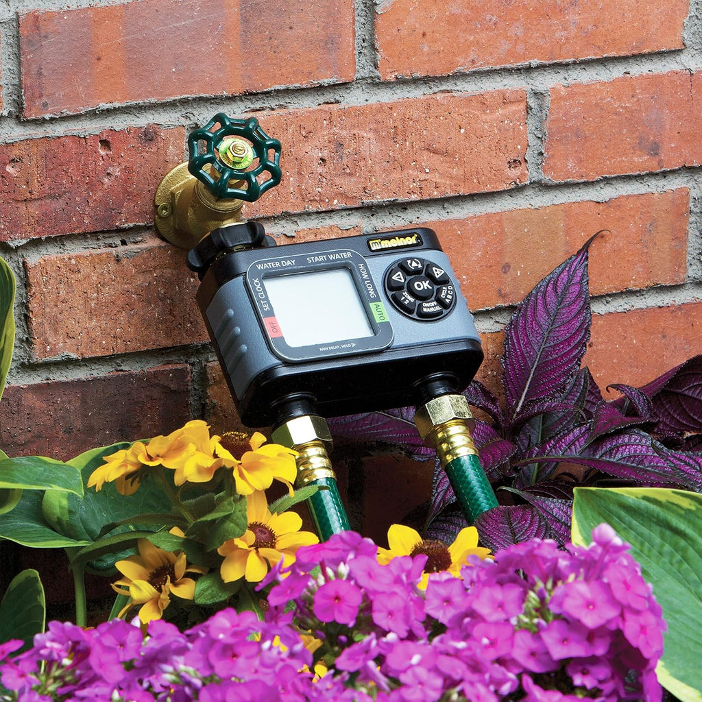 Melnor 65166AMZ HydroLogic Digital Hose Timer, 2-Zone Programmable Watering Timer, Quick Connect Bundle, Black, Grey