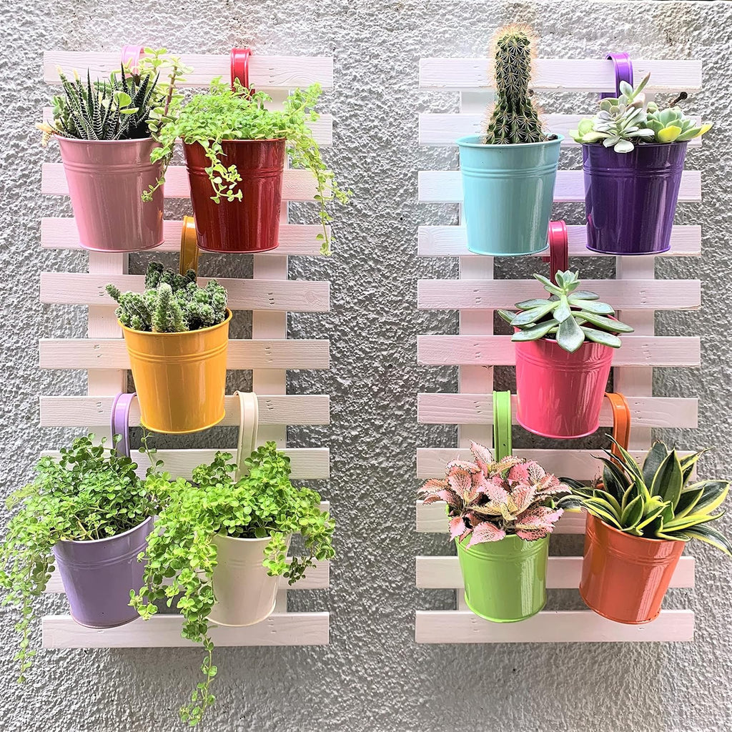 LaLaGreen Hanging Planters Outdoor -10 Pack, 6 Inch Colorful Large Metal Flower Pot, Balcony Planters Railing Hanging