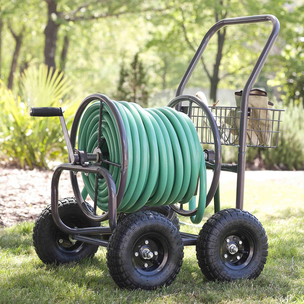 Liberty Garden Residential Grade Four Wheel 250 Foot Capacity Steel Frame Water Hose Reel Cart with Basket for
