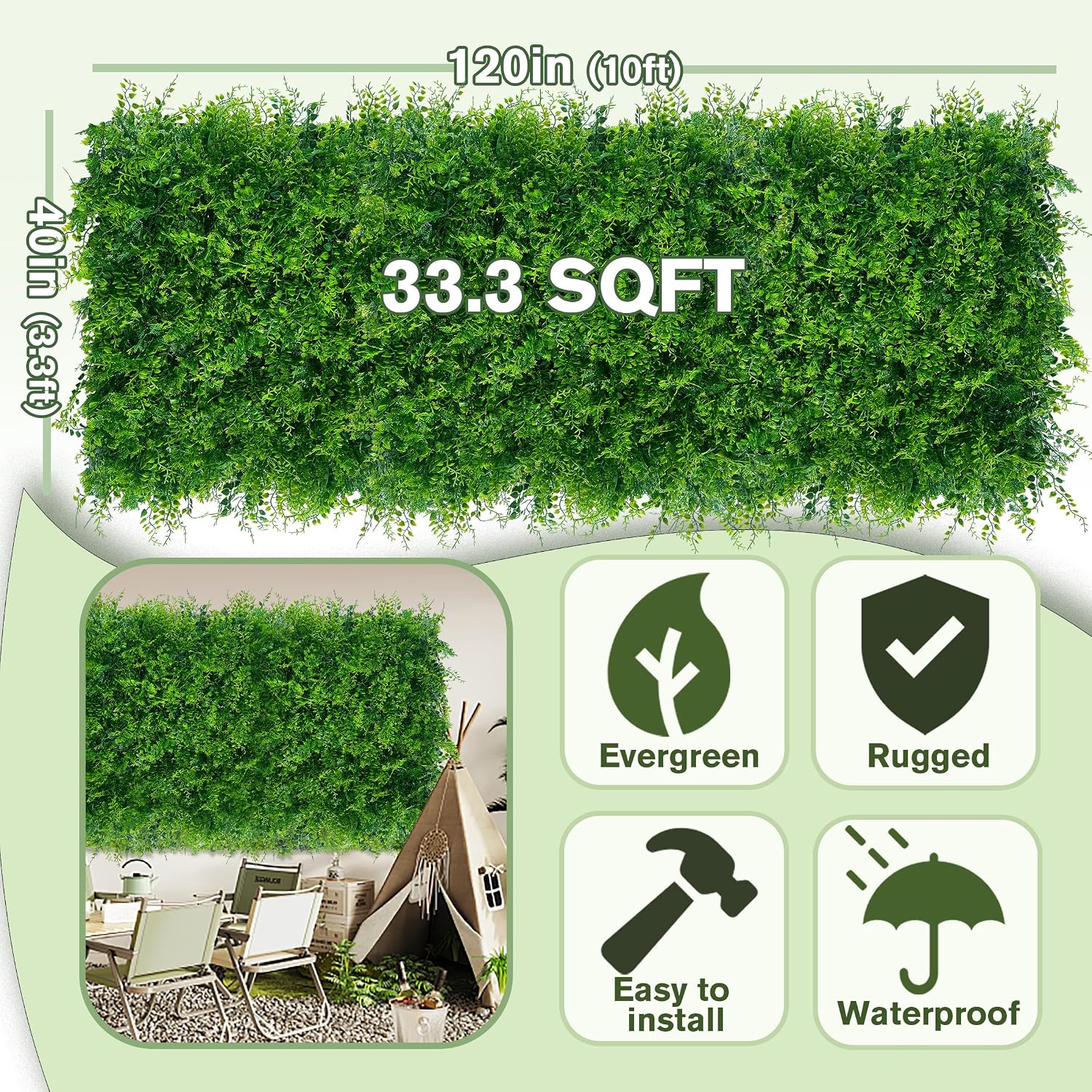 40"x120" (33.5 SQFT) Greenery Faux Grass Wall Hedge Backdrop | UV Resistant Green Leaves Faux, Garden Indoor Outdoor