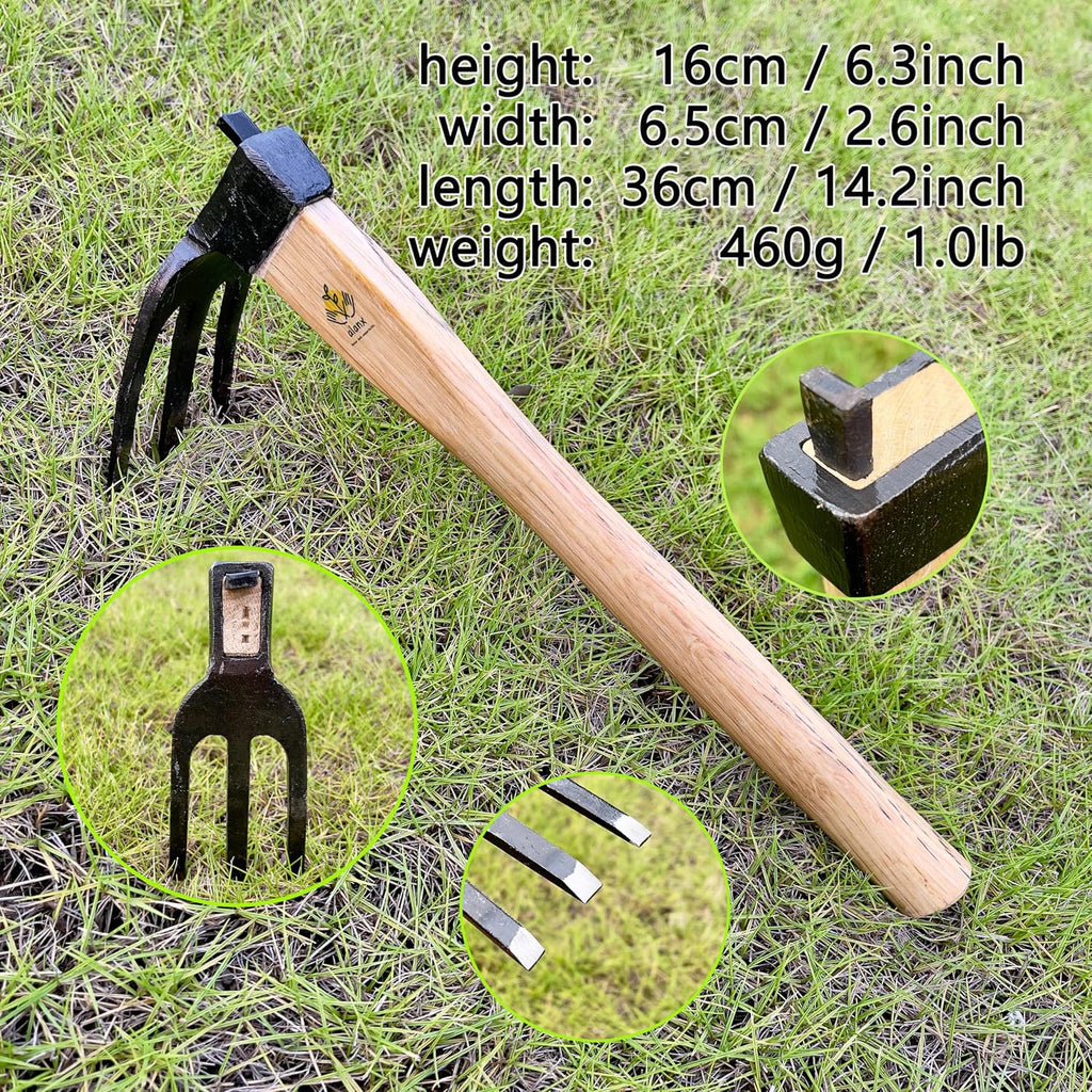 14 inch Japanese Hand Tiller/Rake for Garden, 3-tines Cultivator, Without Welding, Oak Handle, for Digging, Soil