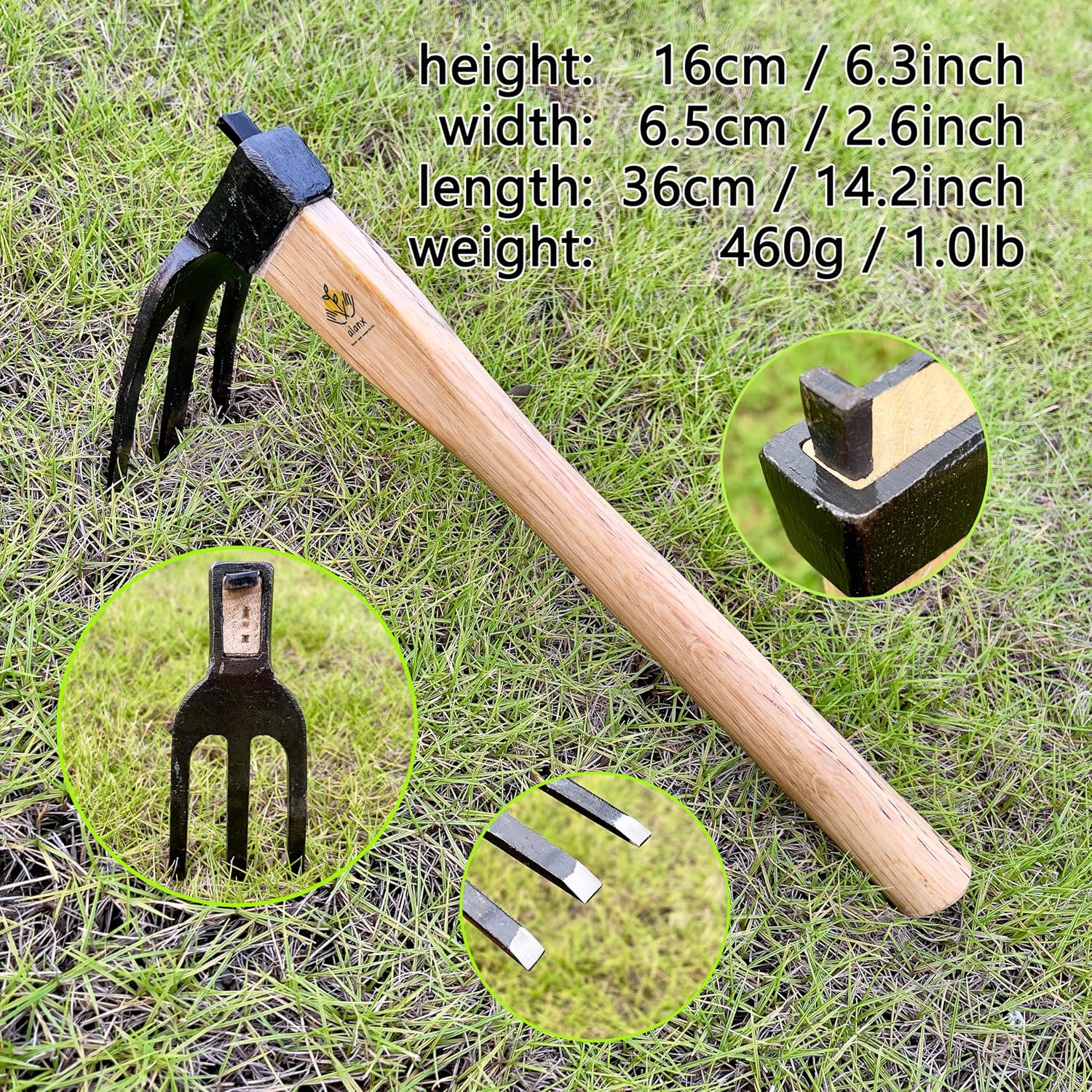 14 inch Japanese Hand Tiller/Rake for Garden, 3-tines Cultivator, Without Welding, Oak Handle, for Digging, Soil