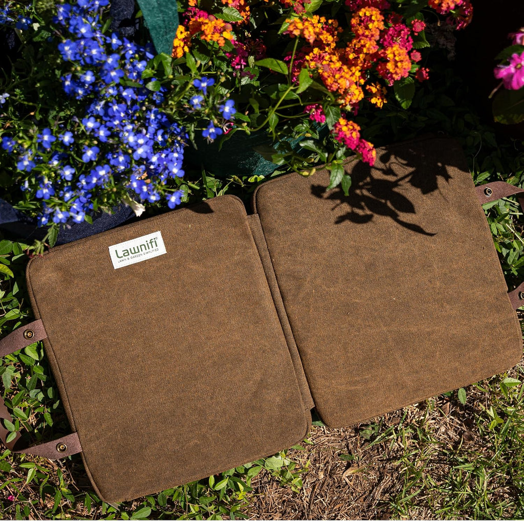 Lawnifi Kneeling Pad for Gardening with Extra Thick Memory Foam, Water Resistant Waxed Canvas and Genuine Leather