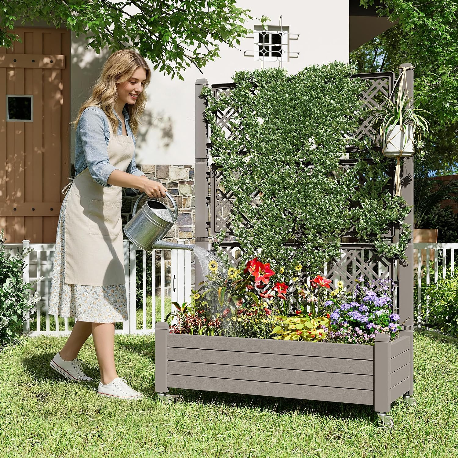 Fancyango Raised Garden Bed with Wheels 61.2" H -Gray | Resin Elevated Garden Planter Box with Trellis, Outdoor Planter