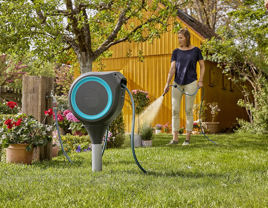 GARDENA Automatic Retractable Garden Hose Reel - 50 Feet - 360 Degree Swivel Outdoor Hose Reel with Metal Spike Base