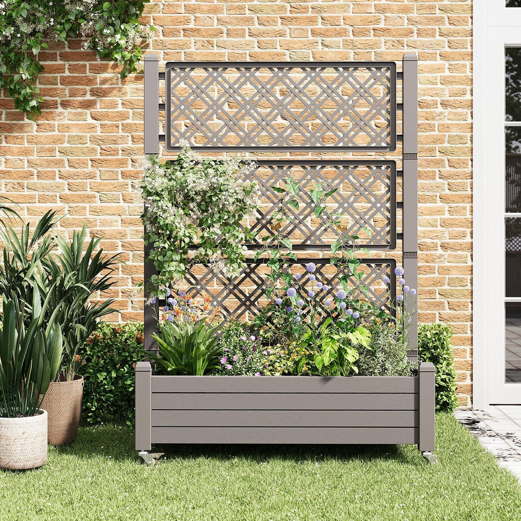 Resin Raised Garden Bed with Trellis and Wheels - Plasitc Planter Box with Trellis Outdoor with Drainage Holes & Water