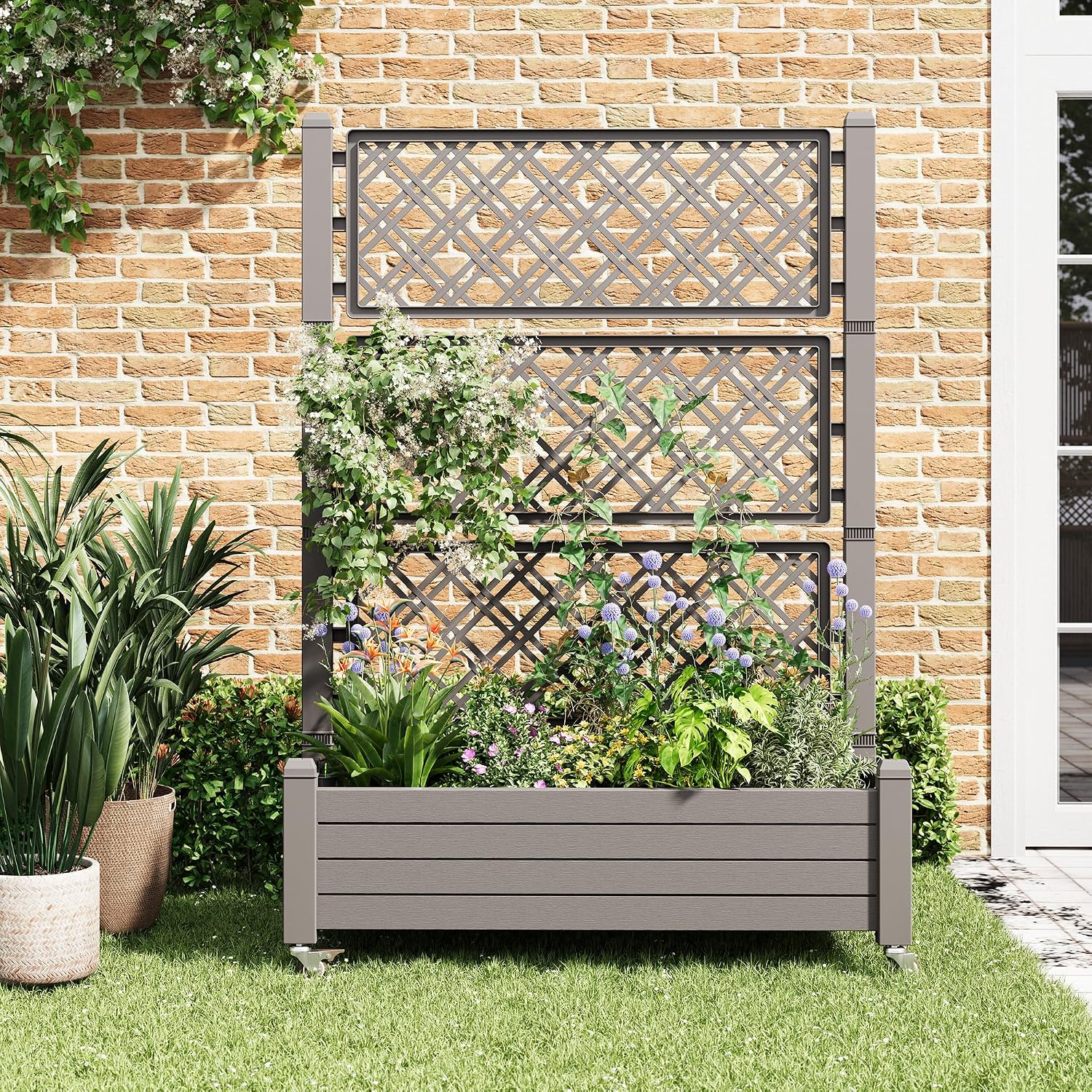Resin Raised Garden Bed with Trellis and Wheels - Plasitc Planter Box with Trellis Outdoor with Drainage Holes & Water