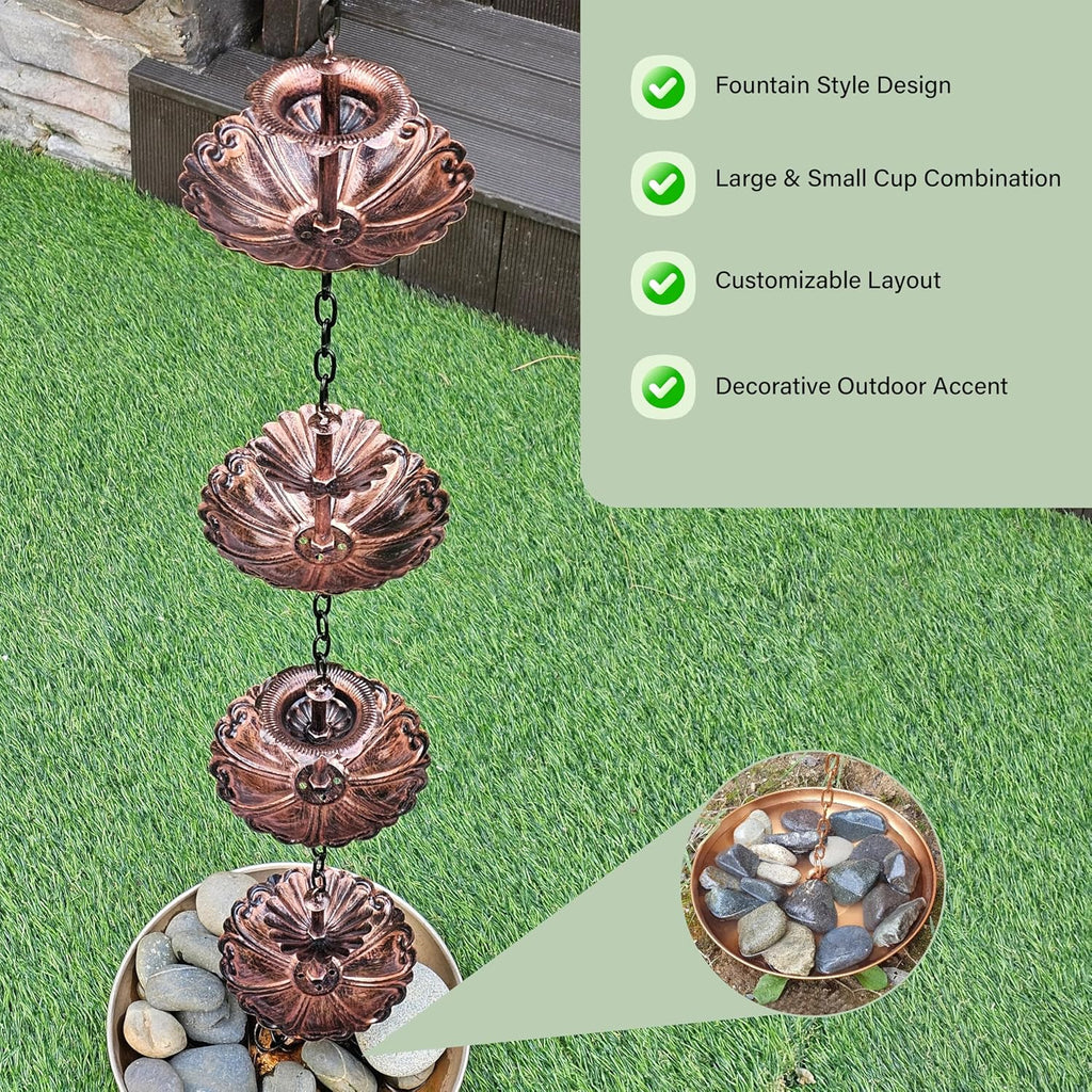 8.5FT Fountain Iron Rain Chain for Gutters and Rain Barrel+Adapter, Bronze | Rain Chains for Downspout, Rust-Prevent