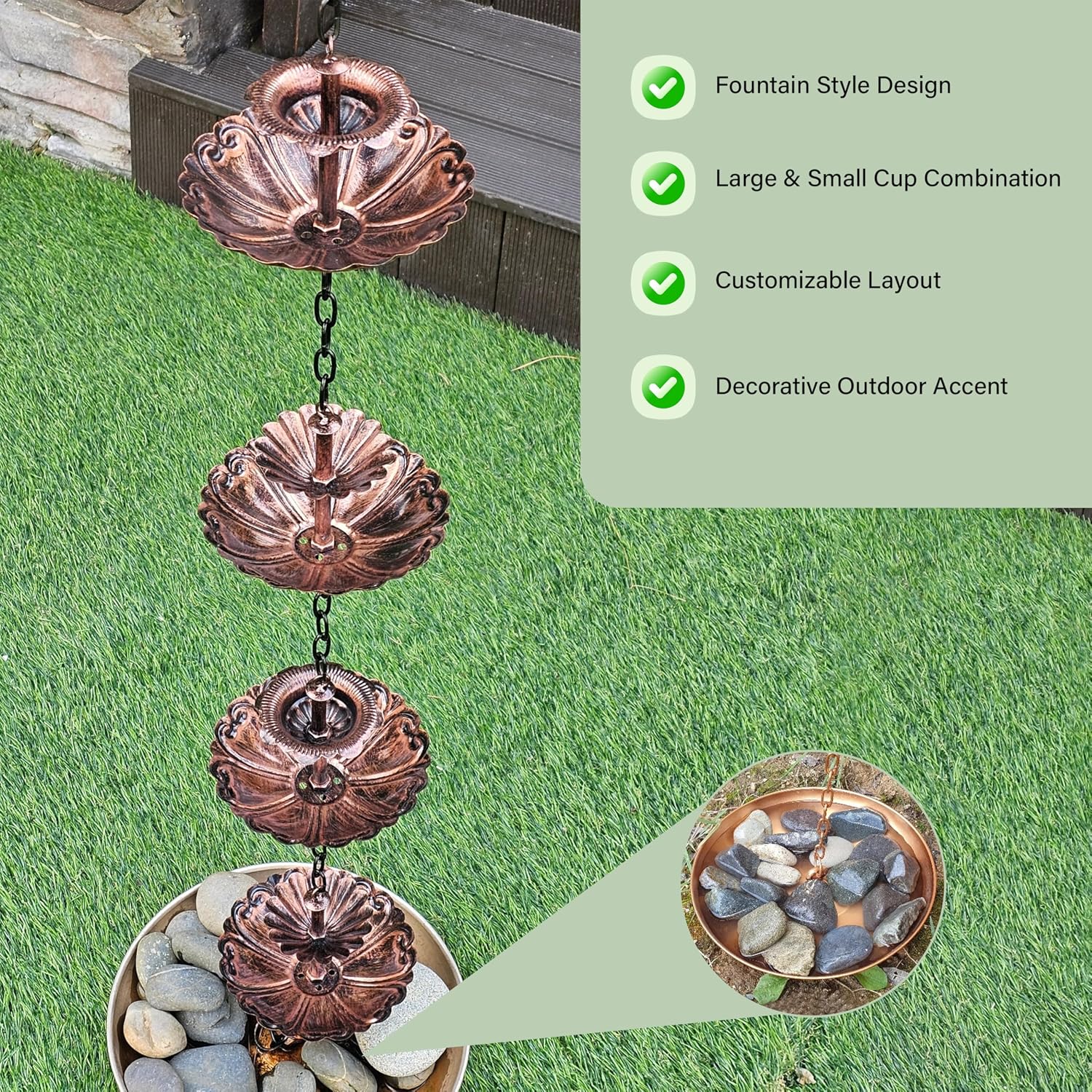 8.5FT Fountain Iron Rain Chain for Gutters and Rain Barrel+Adapter, Bronze | Rain Chains for Downspout, Rust-Prevent