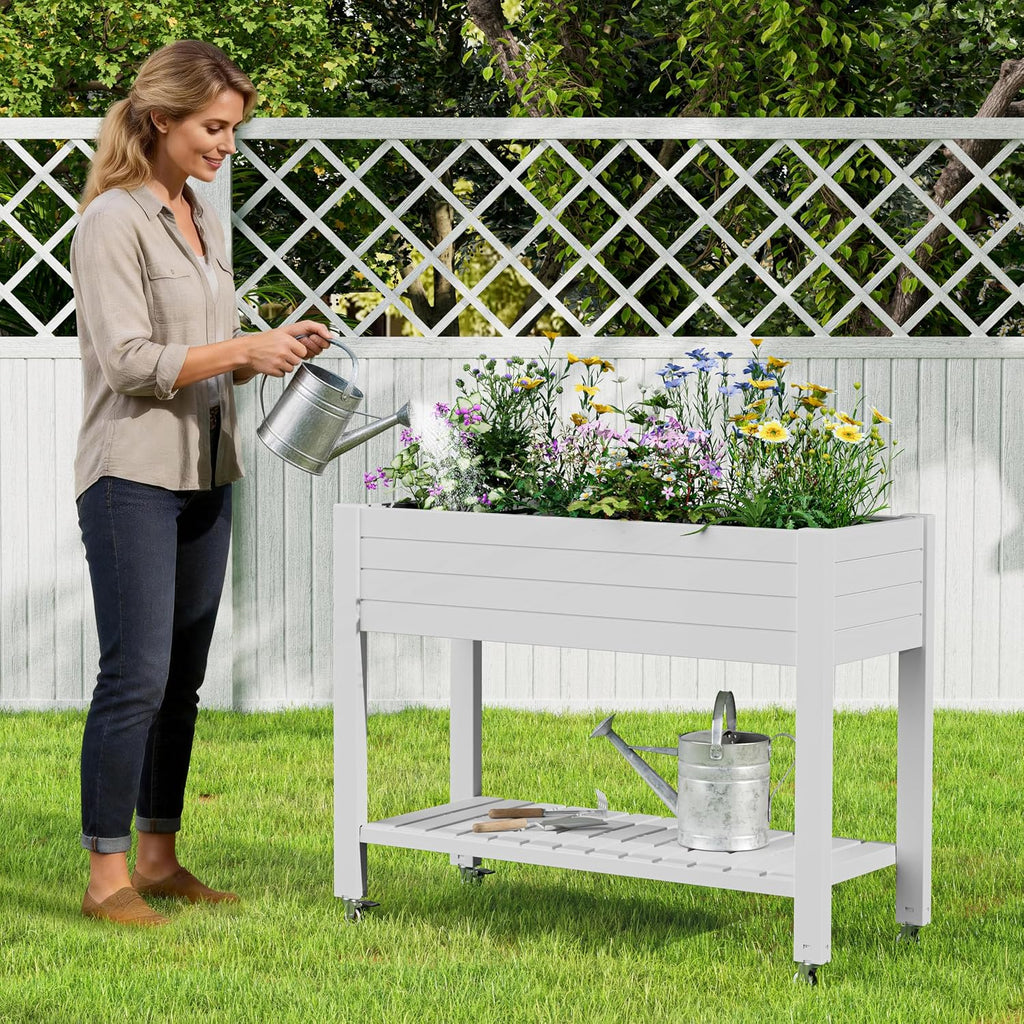 Elevate 33.7" Tall Raised Garden Bed with Wheels, Divisible Resin Planter Box with Drainage Gauge & Storage Shelf, Herb