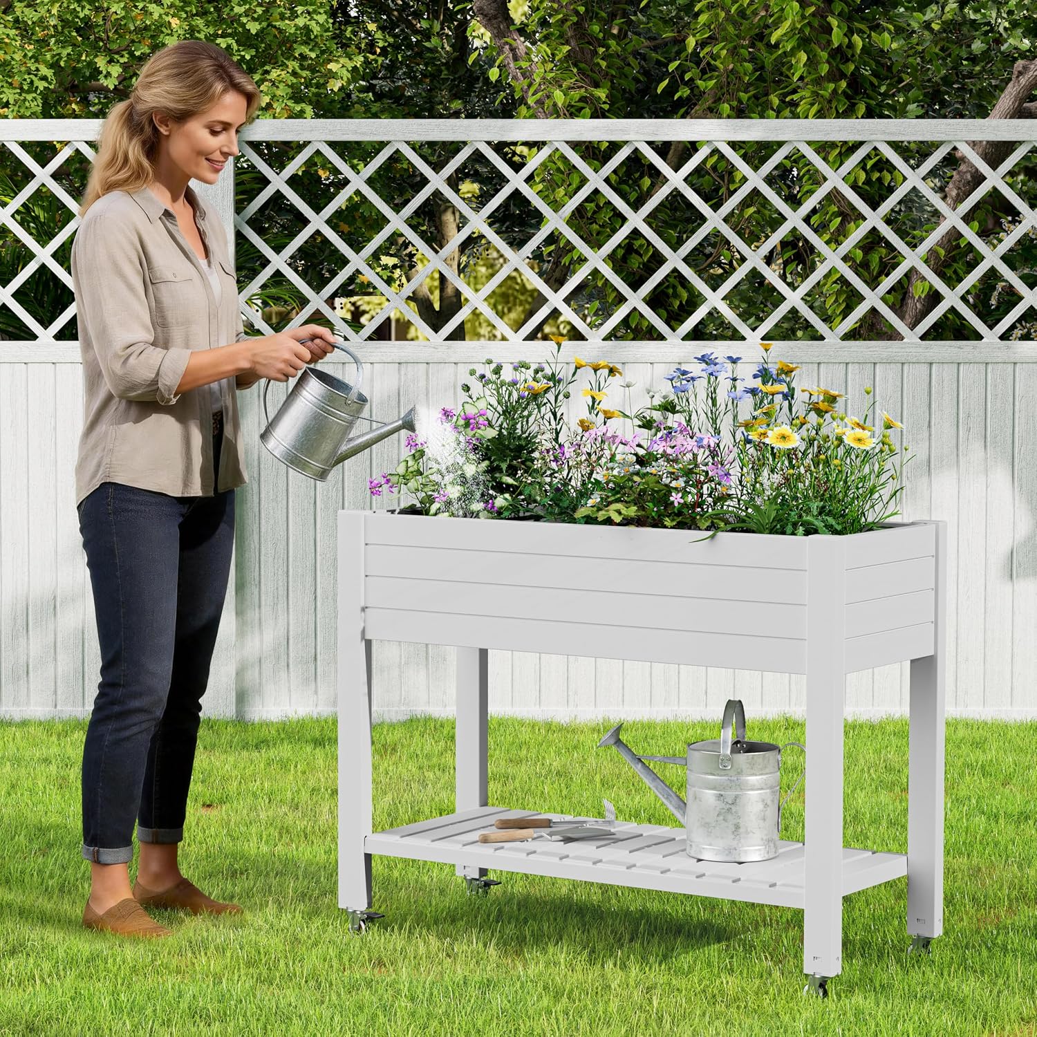 Elevate 33.7" Tall Raised Garden Bed with Wheels, Divisible Resin Planter Box with Drainage Gauge & Storage Shelf, Herb