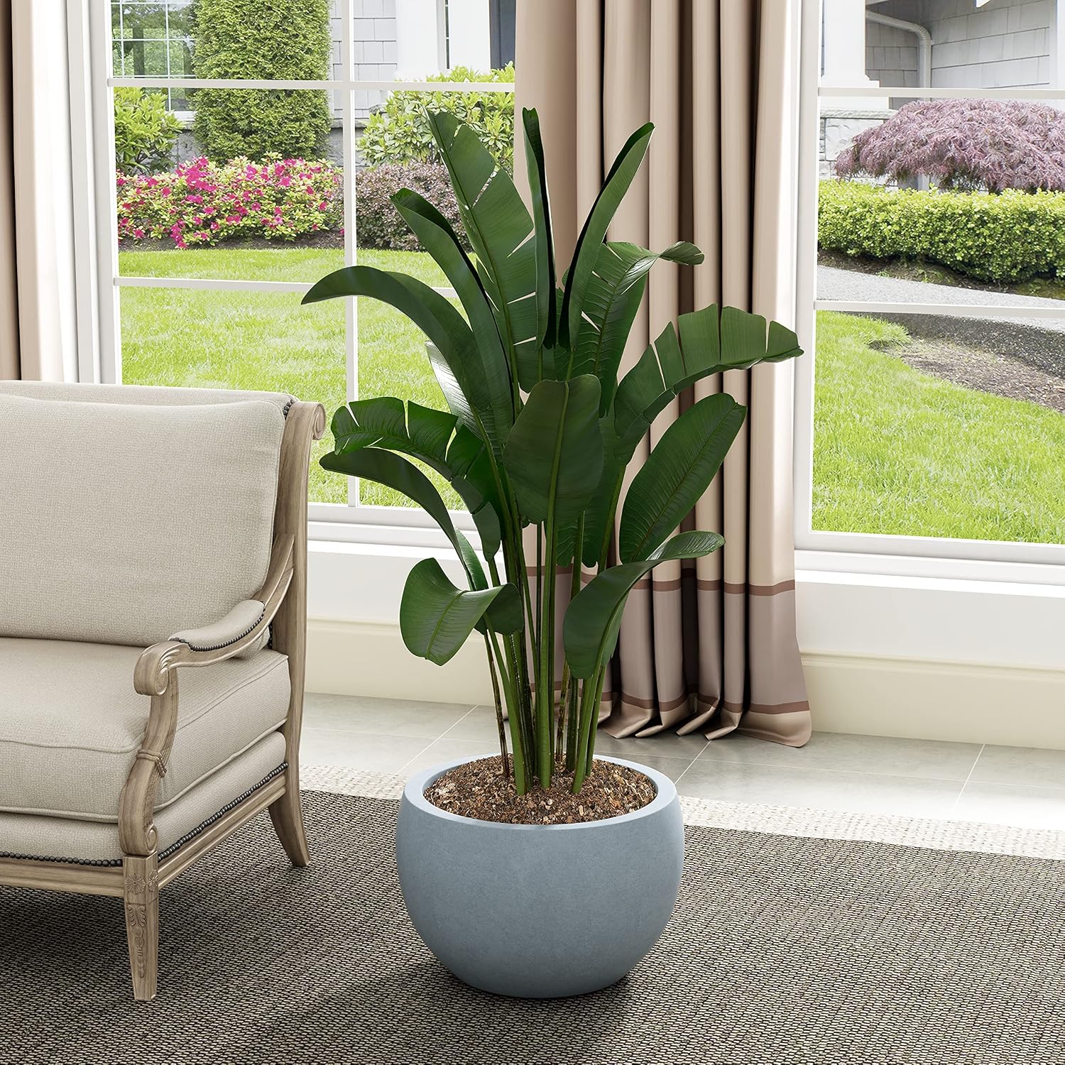 Kante Small Round Bowl Blue Gray Concrete Planter 11.8" Dia, Outdoor | Rubber Plug for Indoor, Drainage for Garden
