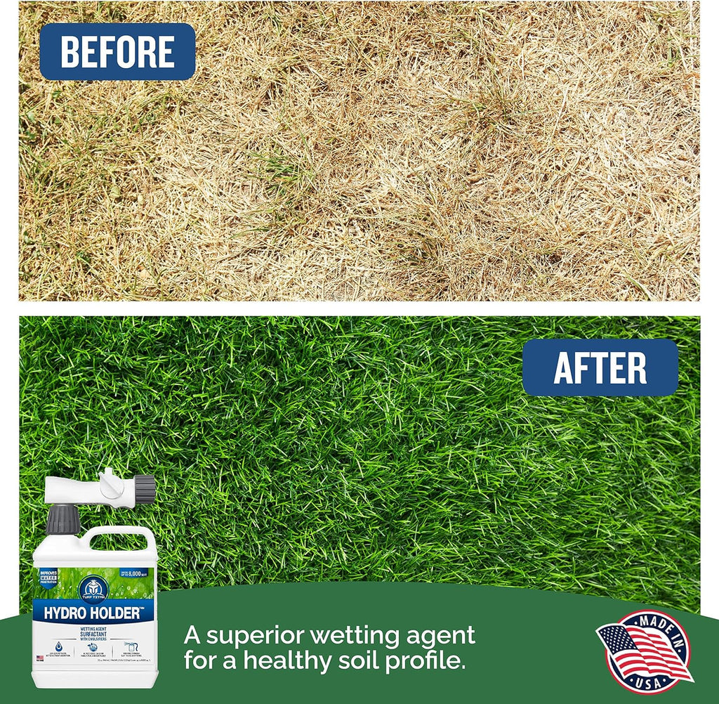 Turf Titan Hydro Holder Soil Wetting Agent for Lawn (32 oz) w/Hose End Sprayer – Improves Water Absorption in Dry &