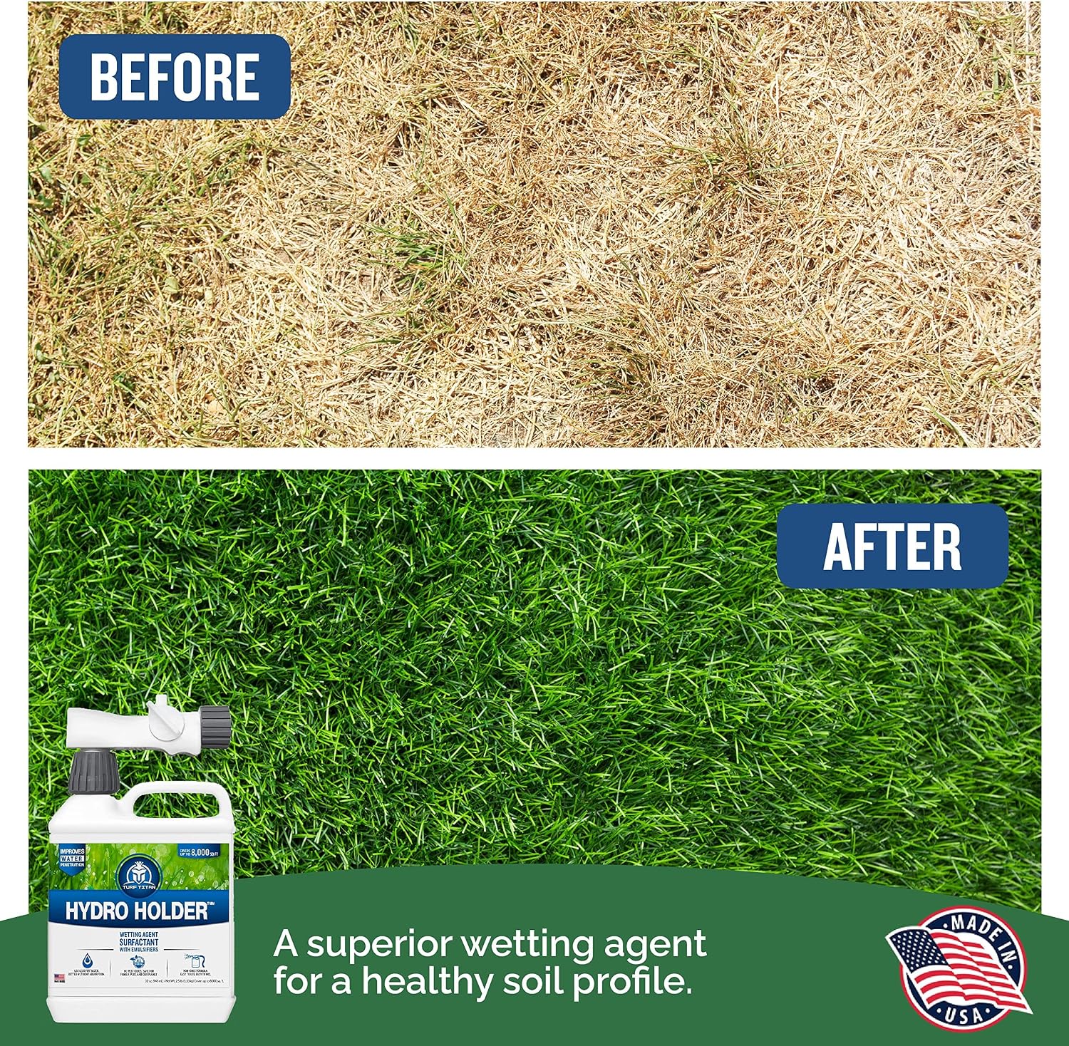 Turf Titan Hydro Holder Soil Wetting Agent for Lawn (32 oz) w/Hose End Sprayer – Improves Water Absorption in Dry &