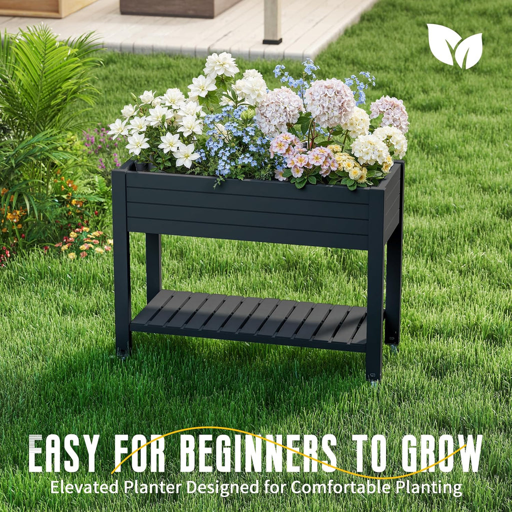 21 Gallon Raised Garden Bed with Legs and Wheels, Raised Planter Box with Drainage Plug and Gauge, Lower Shelf for