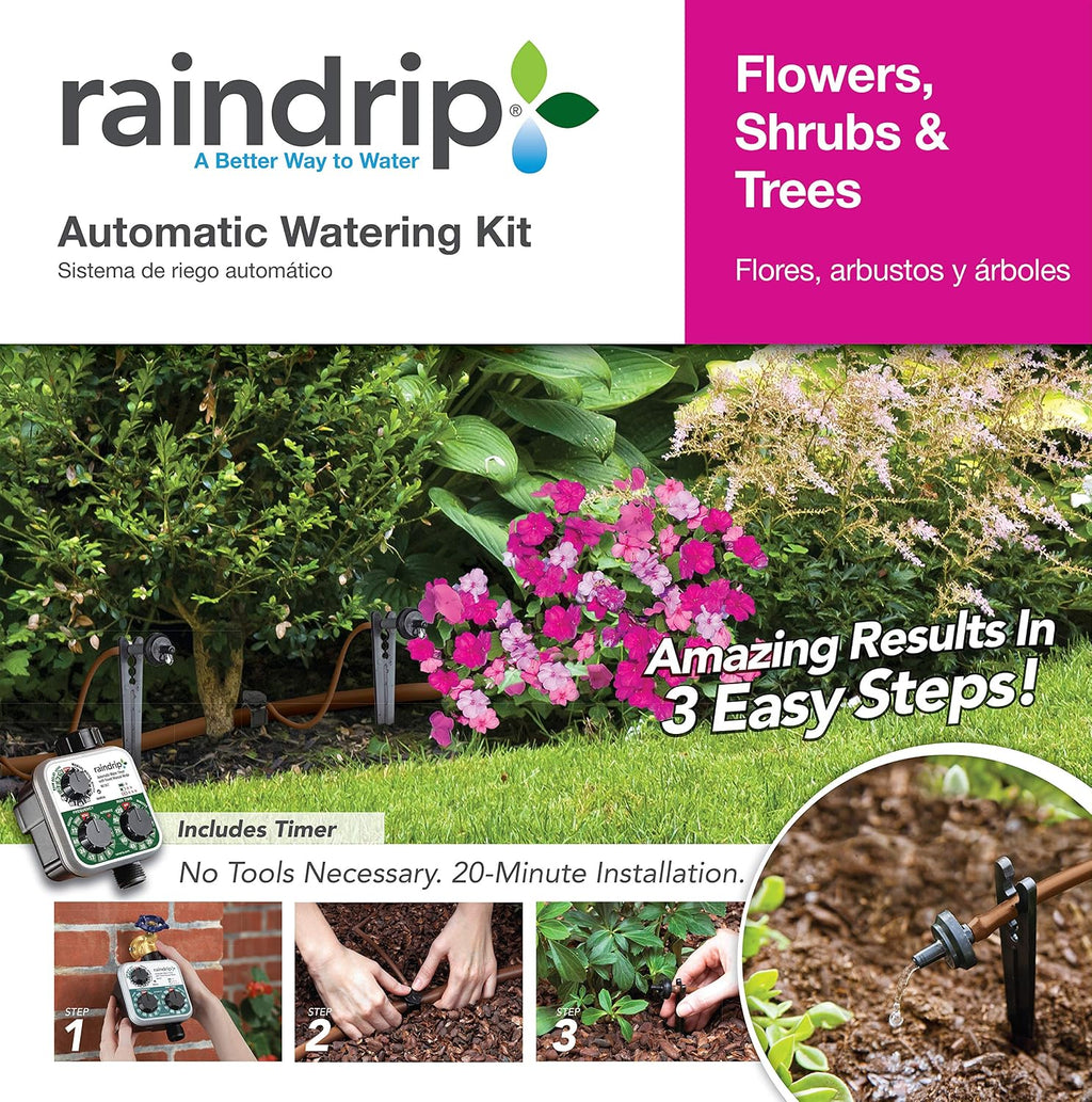 Raindrip SDFSTH1P Automatic Drip Irrigation Watering Kit with Timer for Flowers, Shrubs, and Trees, Waters up to 10