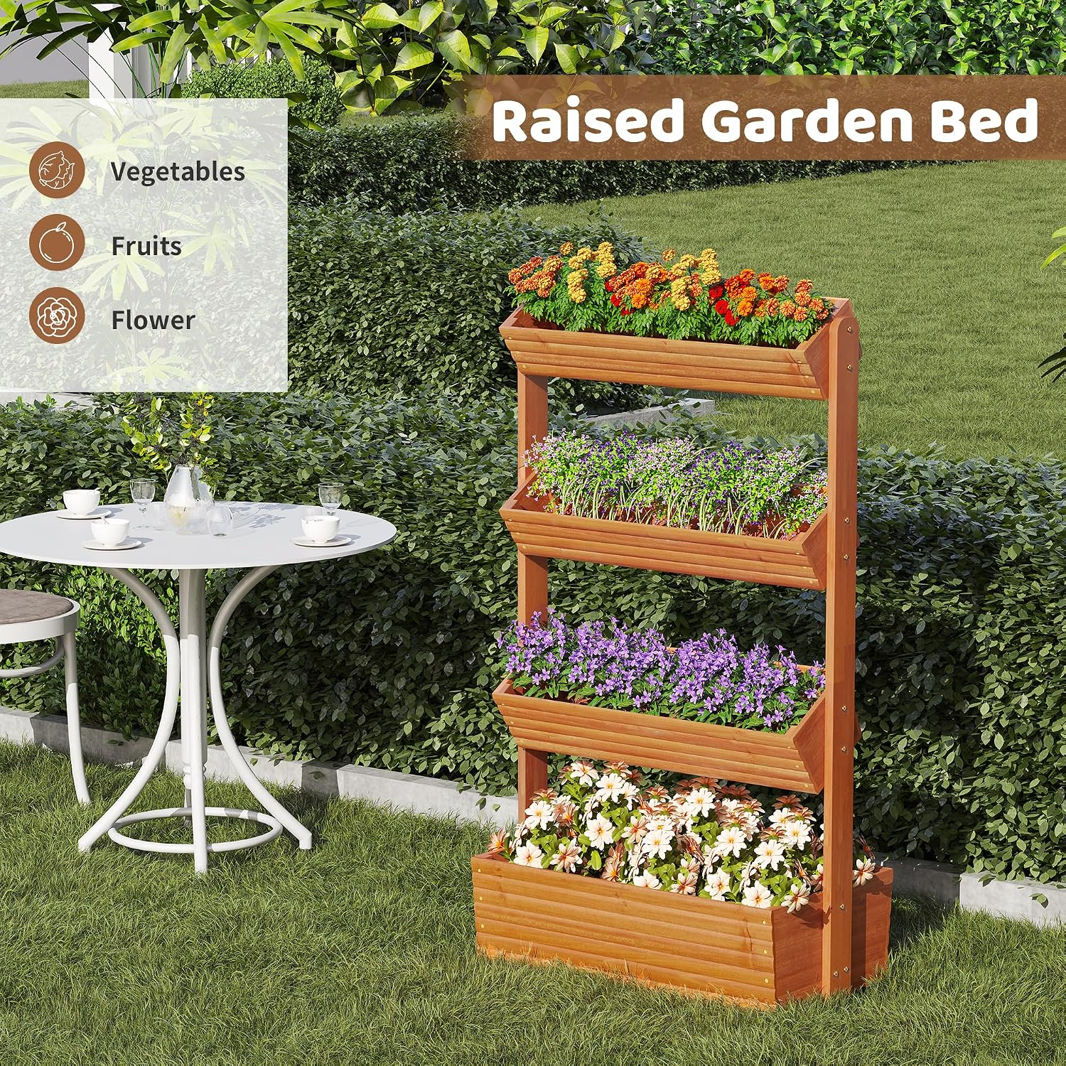 Wooden Raised Garden Bed Vertical Planter Box, Freestanding Plant Stand for Indoor Outdoor Plants, Herbs, Flowers