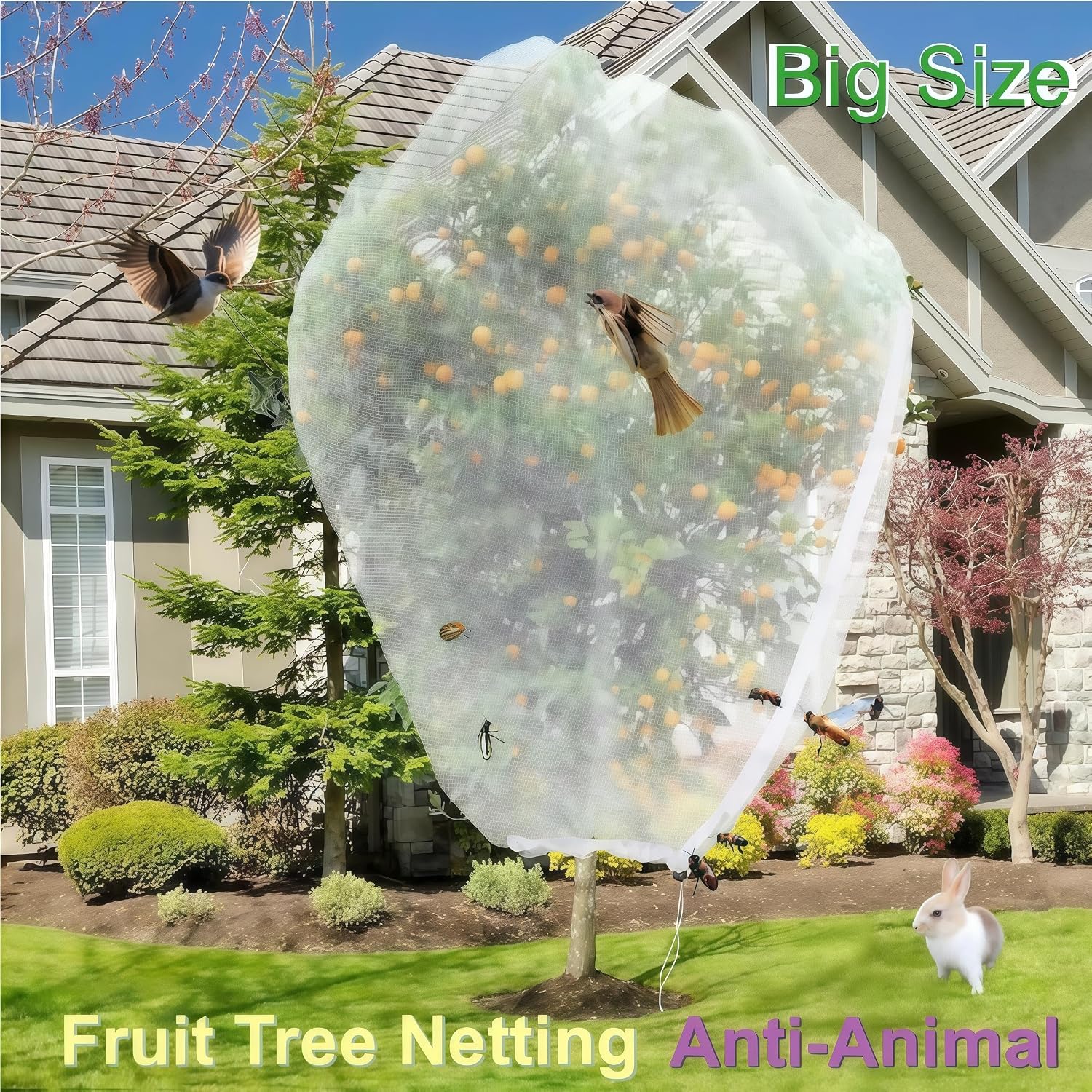 Fruit Tree Netting with Drawstring & Zipper - 4 Pack 10×10 FT - Reusable Plant Protection Bag, Heavy Duty PE Mesh Cover