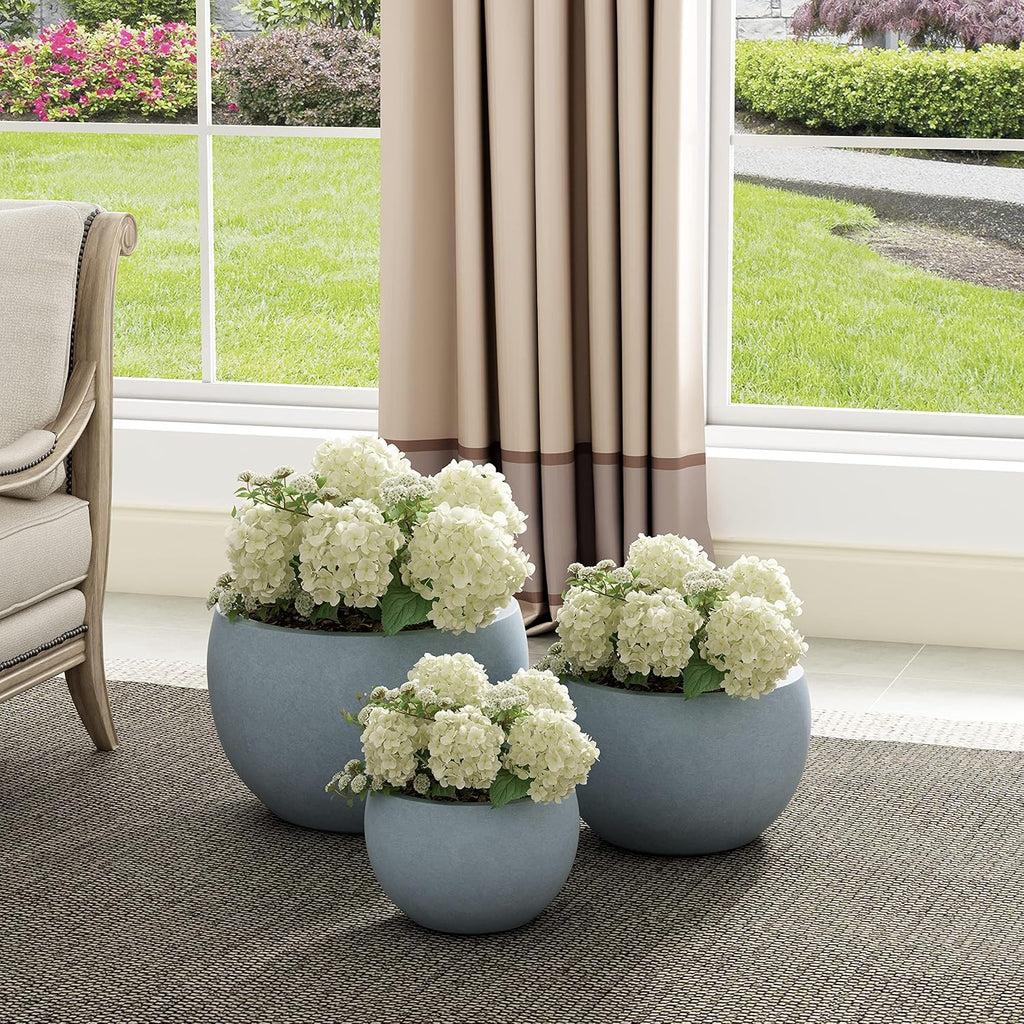 Kante Set of 3 Blue Gray Concrete Bowl Round Planters for Modern Home | Handcrafted, Premium, Durable, All-Weather