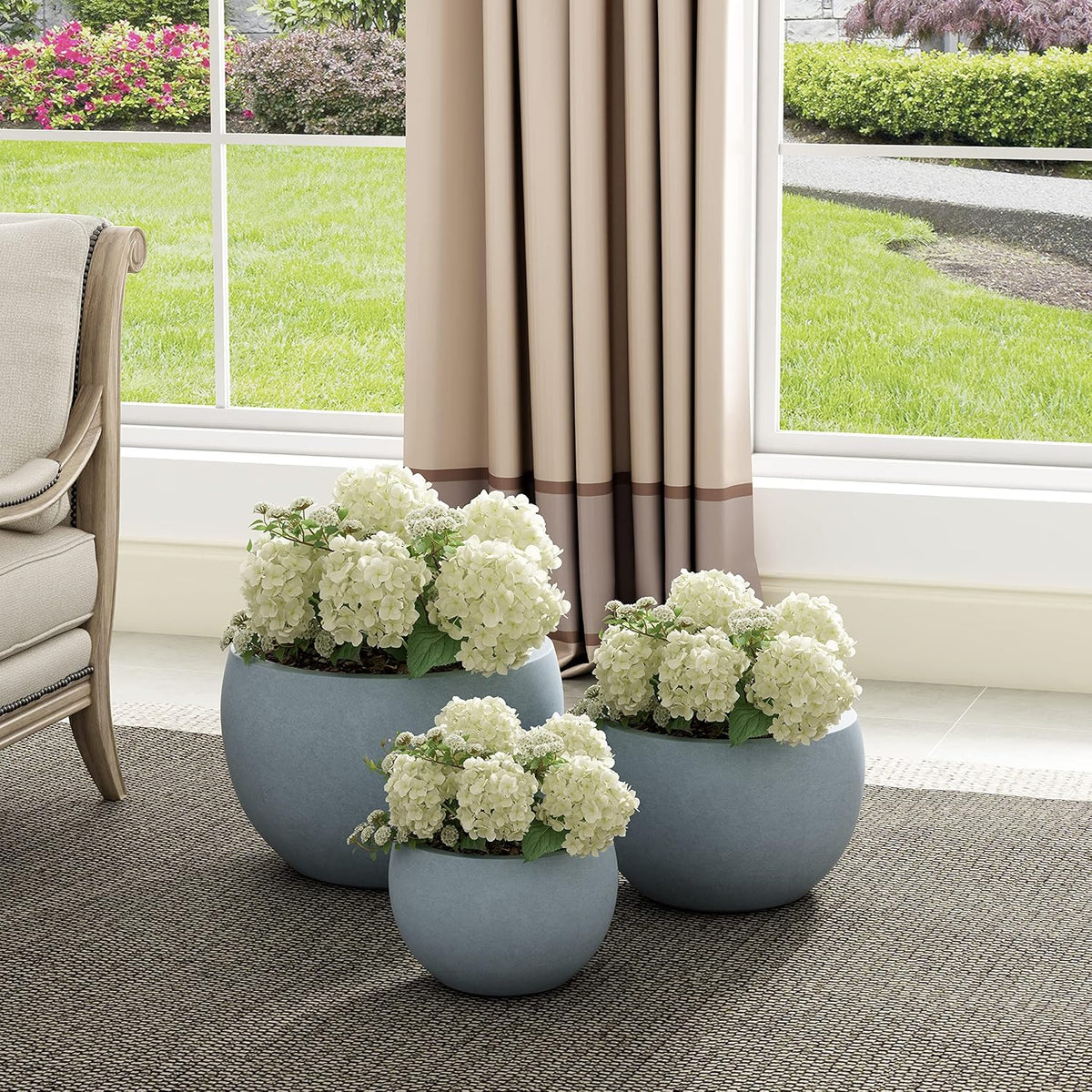 Kante Set of 3 Blue Gray Concrete Bowl Round Planters for Modern Home | Handcrafted, Premium, Durable, All-Weather