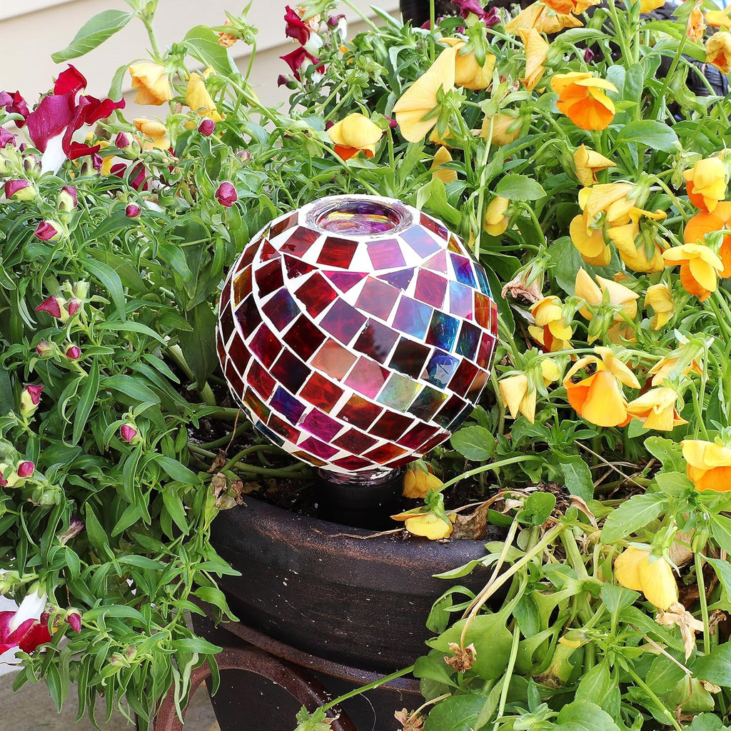 Sunnydaze Mosaic Glass Plant Watering Globe, Magenta Medley | Decorative Self-Watering Planter Insert, Water Dripper