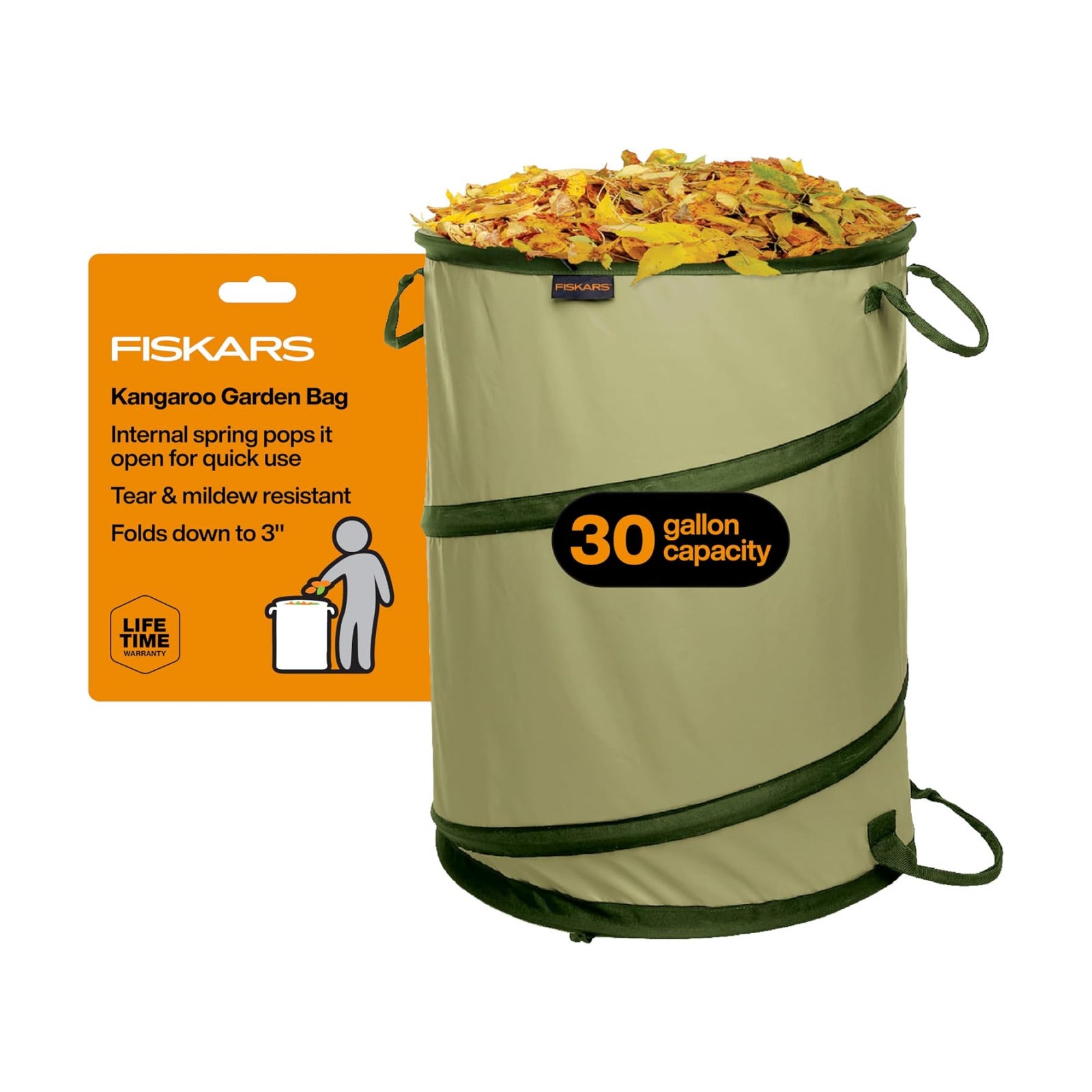 Fiskars 30-Gallon Kangaroo Collapsible Pop Up Garden Bag for Yard Waste | Reusable Container & Leaf Bag for Grass