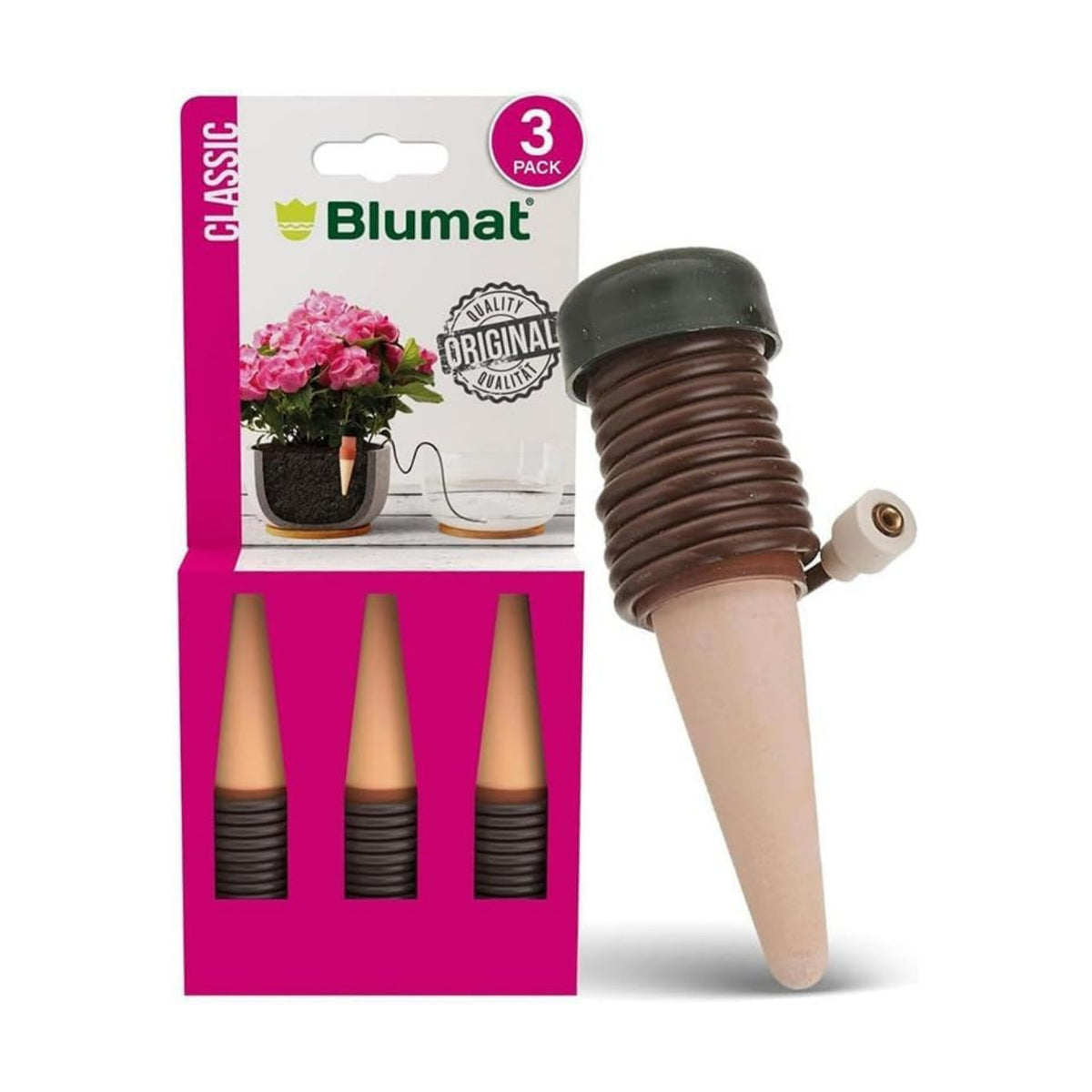 Blumat Classic Self-Watering Stakes - Prevents Overwatering and Underwatering for Healthy Growth While You are Away - Ideal for Indoor Plant Watering (3 Pack w/o Adapter)