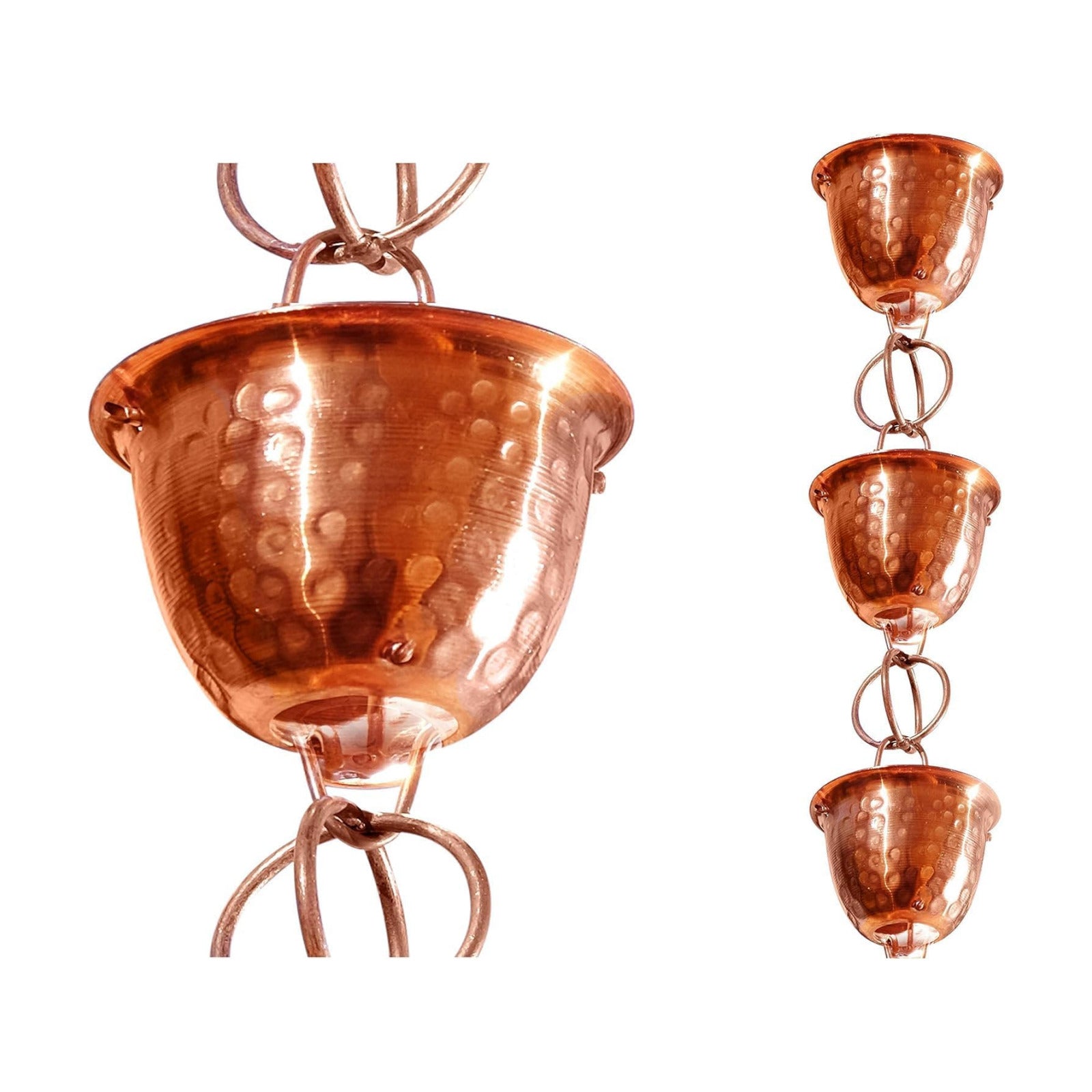 Monarch Rain Chains Pure Copper Hammered Cup Rain Chains for Gutters – 8.5 ft Decorative Rainchain Outdoor Durable