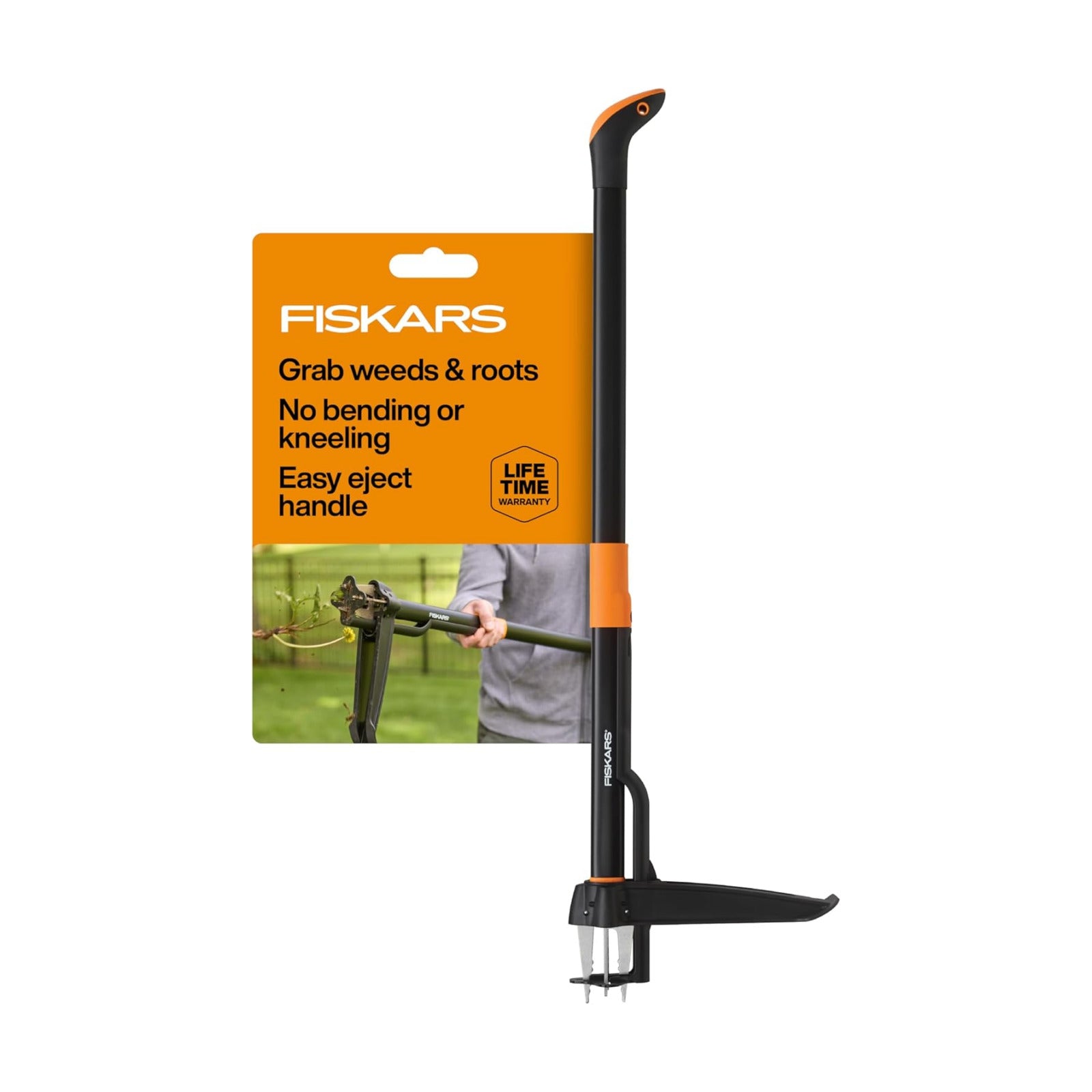 Fiskars Deluxe Stand-Up Weed Puller Tool, 4 Serrated Stainless Steel Claws | Claws Grip Dandelion Roots & More for