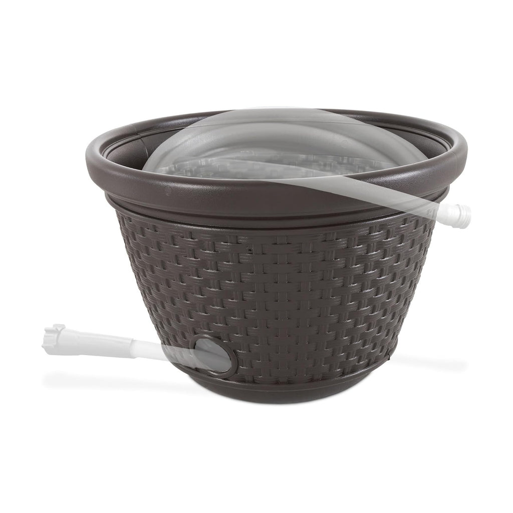 Suncast Decorative Wicker Garden Hose Holder Pot with 4 Drain Holes for 100 Foot Hoses, Java