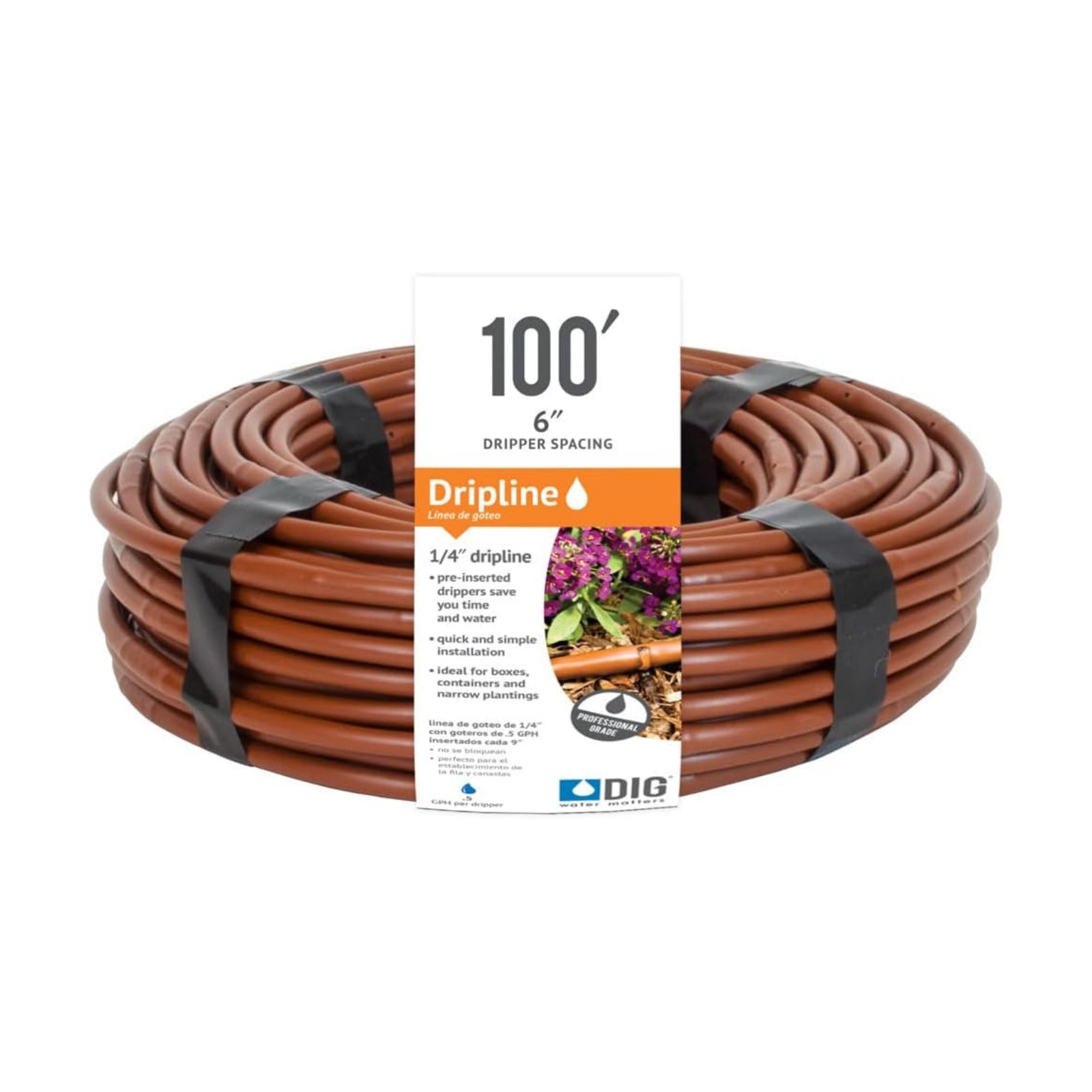 DIG ¼” 100’ MICROLINE™ Dripline - Enhanced 6” Emitter Spacing, UV-Resistant, Perfect for Diverse Garden Layouts (Brown)